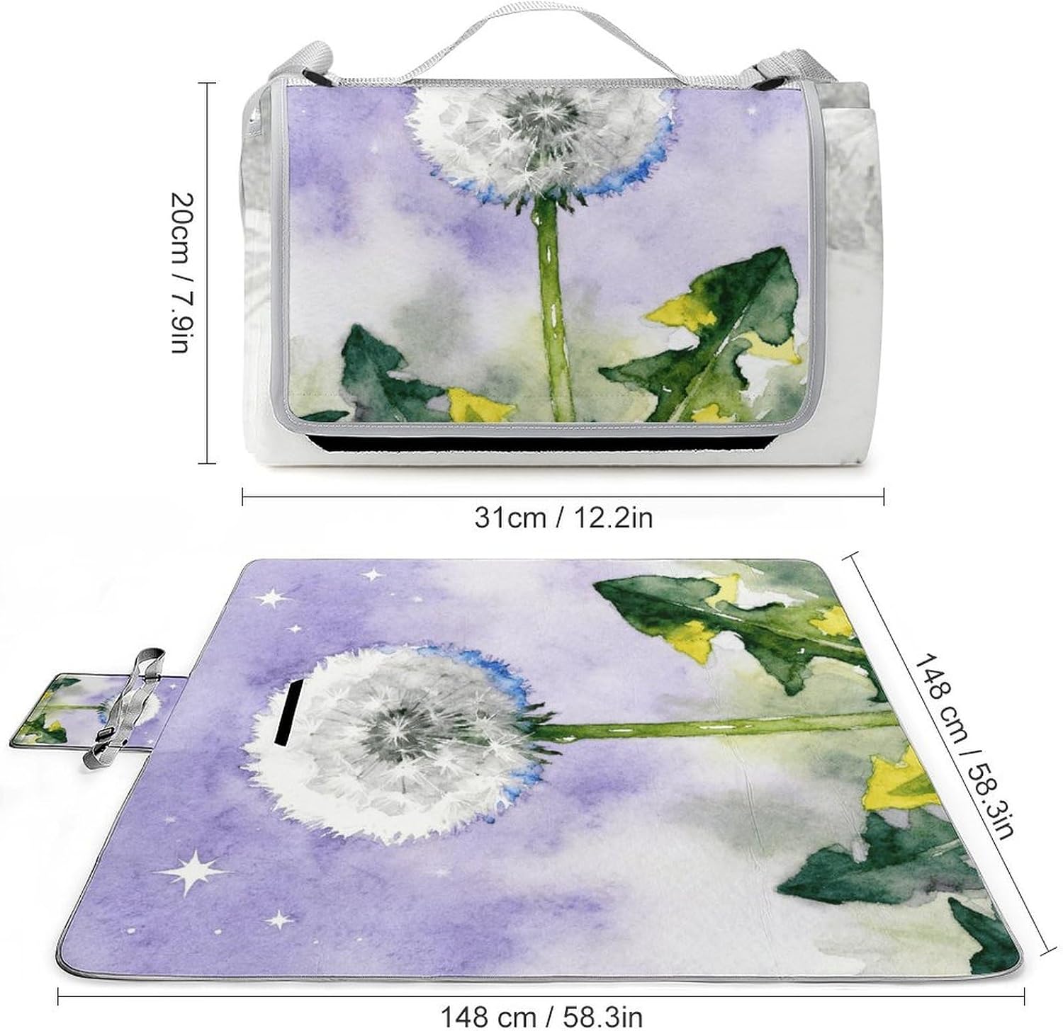 Dandelion Picnic Blanket Outdoor, Square Foldable Lightweight Waterproof Beach Mat (58.3" X 58.3"), Portable Travel Rug for Beach, Camping, Lawn, Parks & Family Picnics