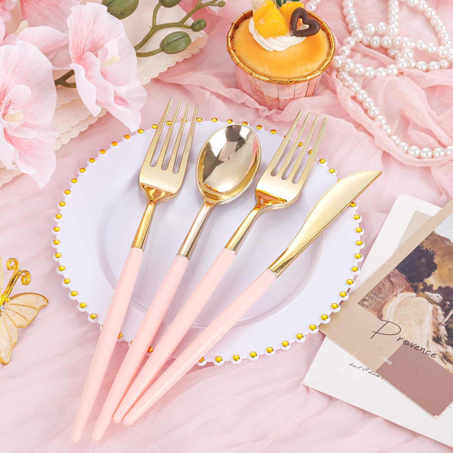 Supernal 102Pcs Gold Disposable Utensils with Pink Handle for Wedding Party image 4