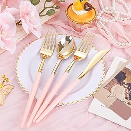 Supernal 102Pcs Pink Plastic Silverware, Gold Disposable Utensils with Pink Handle, Elegant Gold Plastic Silverware Set Includes 34 Forks, 34 Spoons and 34 Knives for Party & Wedding, Mother\'s Day