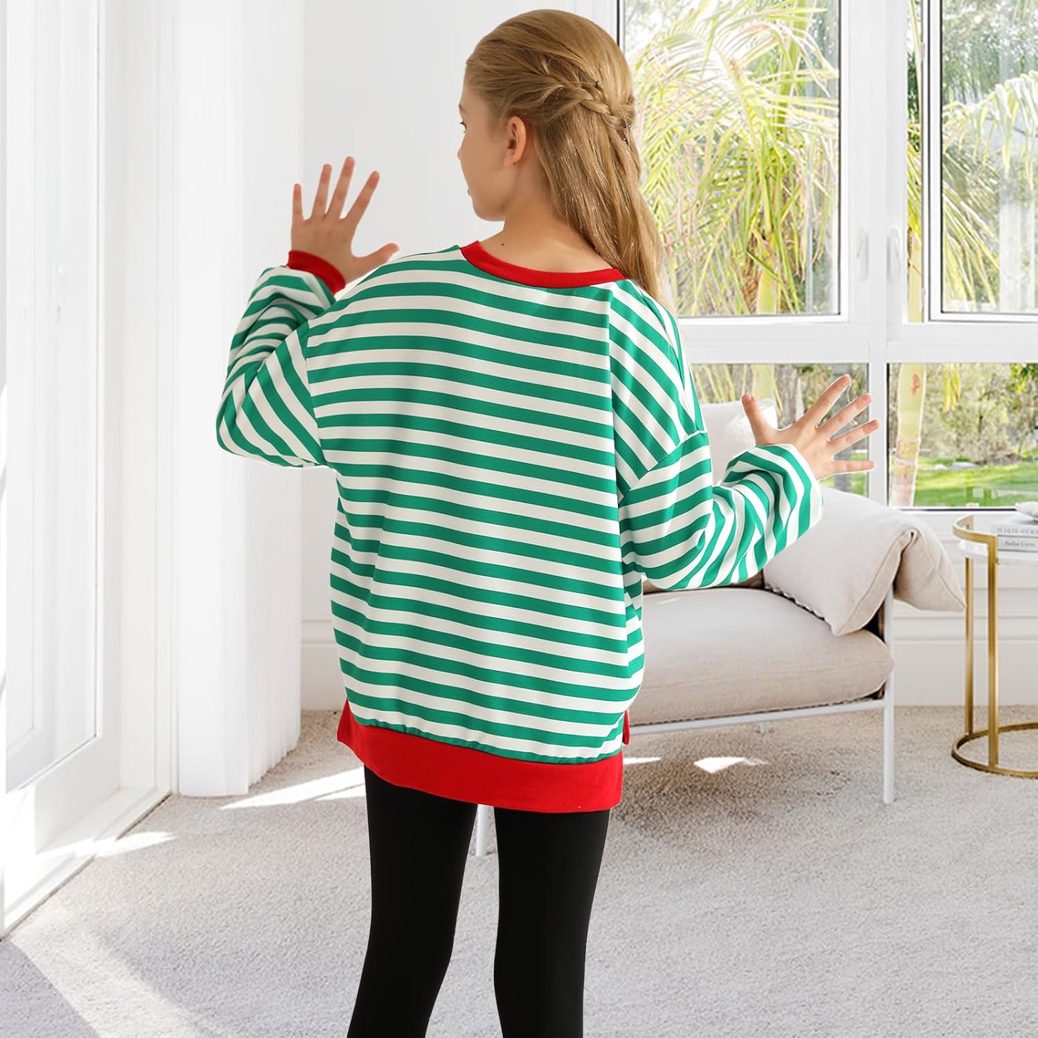Girls Sweatshirt Kids Striped Long Sleeve Shirts Oversized Crewneck Pullover Tops Fall Clothes 5-14 Years - Image 3
