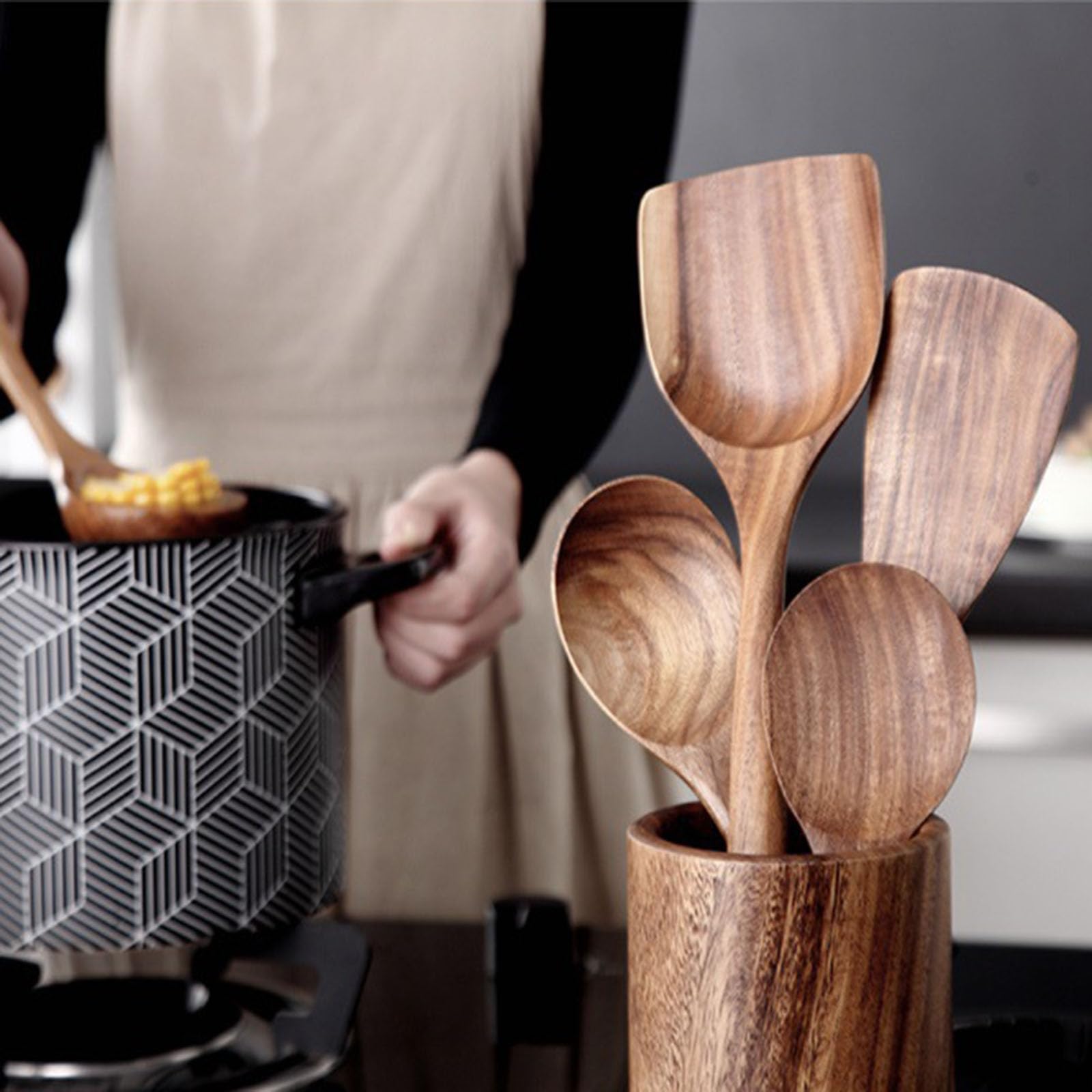 Küchenutensilien Holzspatel Set Mit Loch Küchenutensilien Set Holzlöffel Kochen Besteckhalter Kuechenhelfer Set Mit Pfannenwender,BPA-frei, Robust Kochbesteck Für Antihaft Pfannen 7 Teiliges