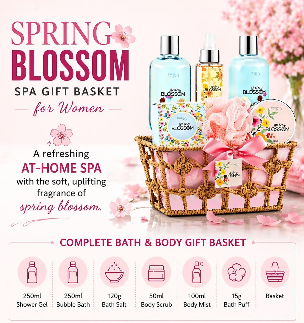 Spring Blossom Spa Gift Basket for Women – Mother’s Day Bath & Body Gift Set with Shower Gel, Bubble Bath, Body Lotion, Bath Salts & Bath Bombs – Self Care Gift | Shower Gel, Bubble Bath, Body Lotion, Bath Salts & Bath Bombs, Mother's Day Self Care Gift