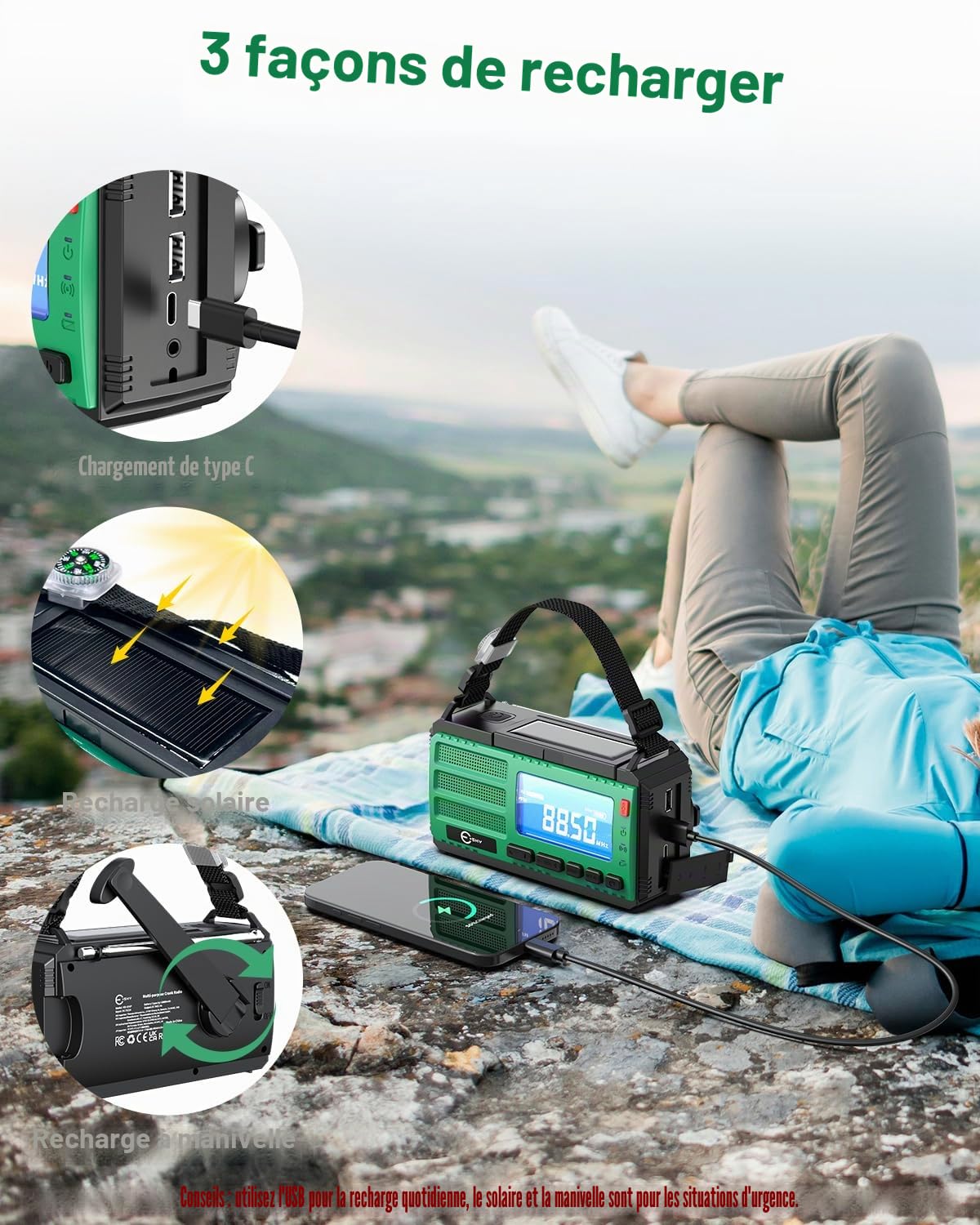 Esky 10000mAh Radio Portable d'urgence, AM/FM/NOAA Radio à Manivelle 3 Méthodes de Recharge Radio Solaire avec Boussole,Lampe de Poch,Lampe de Lecture,Alarme SOS pour Camping en Plein Air Randonnée