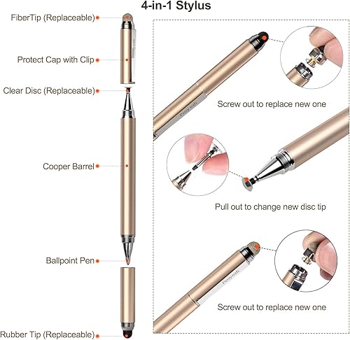 Miniatura 3 de Penyeah Lápiz óptico para pantallas táctiles, 4 en 1, de alta sensibilidad y precisión, punta de disco táctil, punta de goma negra y punta de fibra
