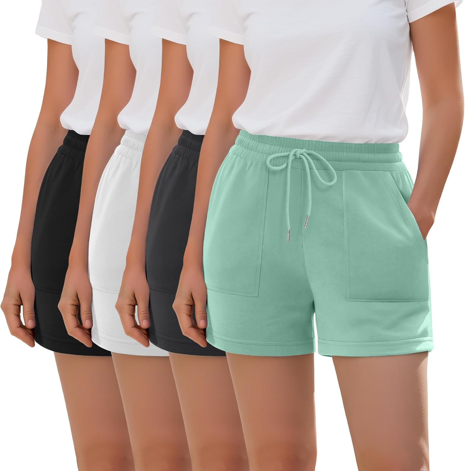 Neer 4 Pack Womens Sweat Shorts Cotton Casual Lounge Drawstring High Waist Summer Loose Elastic Athletic Shorts with Pocket