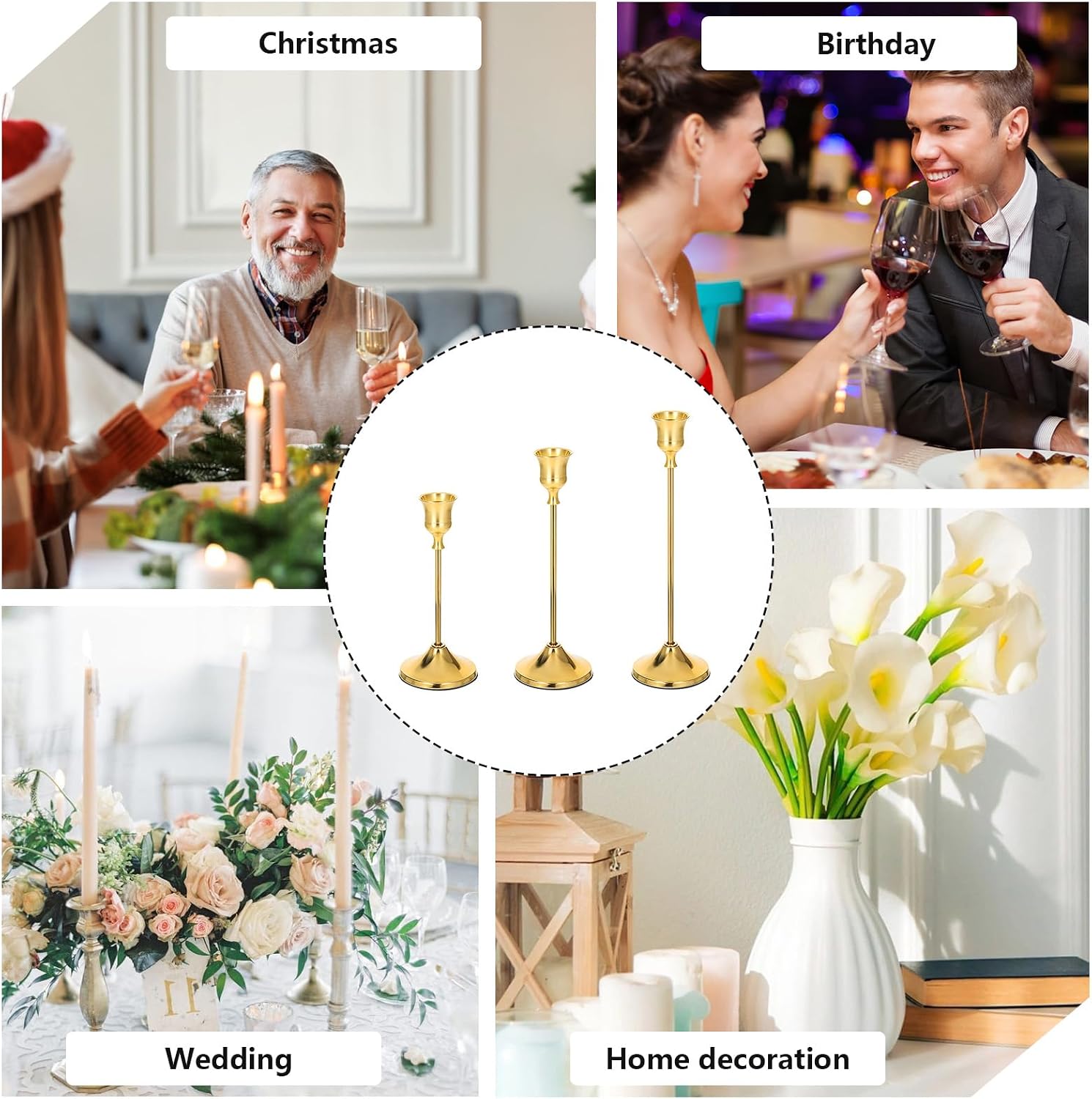 12Pcs Brass Gold Metal Taper Candle Holders, Vintage Candlestick Holder, Decorative Metal Candle Sticks, Candlesticks for Table Mantel Wedding Home Decor Housewarming Gift
