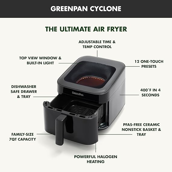 GreenPan Cyclone 7QT 12-in-1 Air Fryer, XL Easy View Window, 400 F in 4 Seconds, Digital Touch Screen Presets, Ceramic Nonstick PFAS-Free Basket, Shake Reminder, Adjustable Temp & Time Control