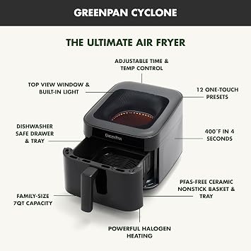 GreenPan Cyclone 7QT 12-in-1 Air Fryer, XL Easy View Window, 400 F in 4 Seconds, Digital Touch Screen Presets, Ceramic Nonstick PFAS-Free Basket, Shake Reminder, Adjustable Temp & Time Control