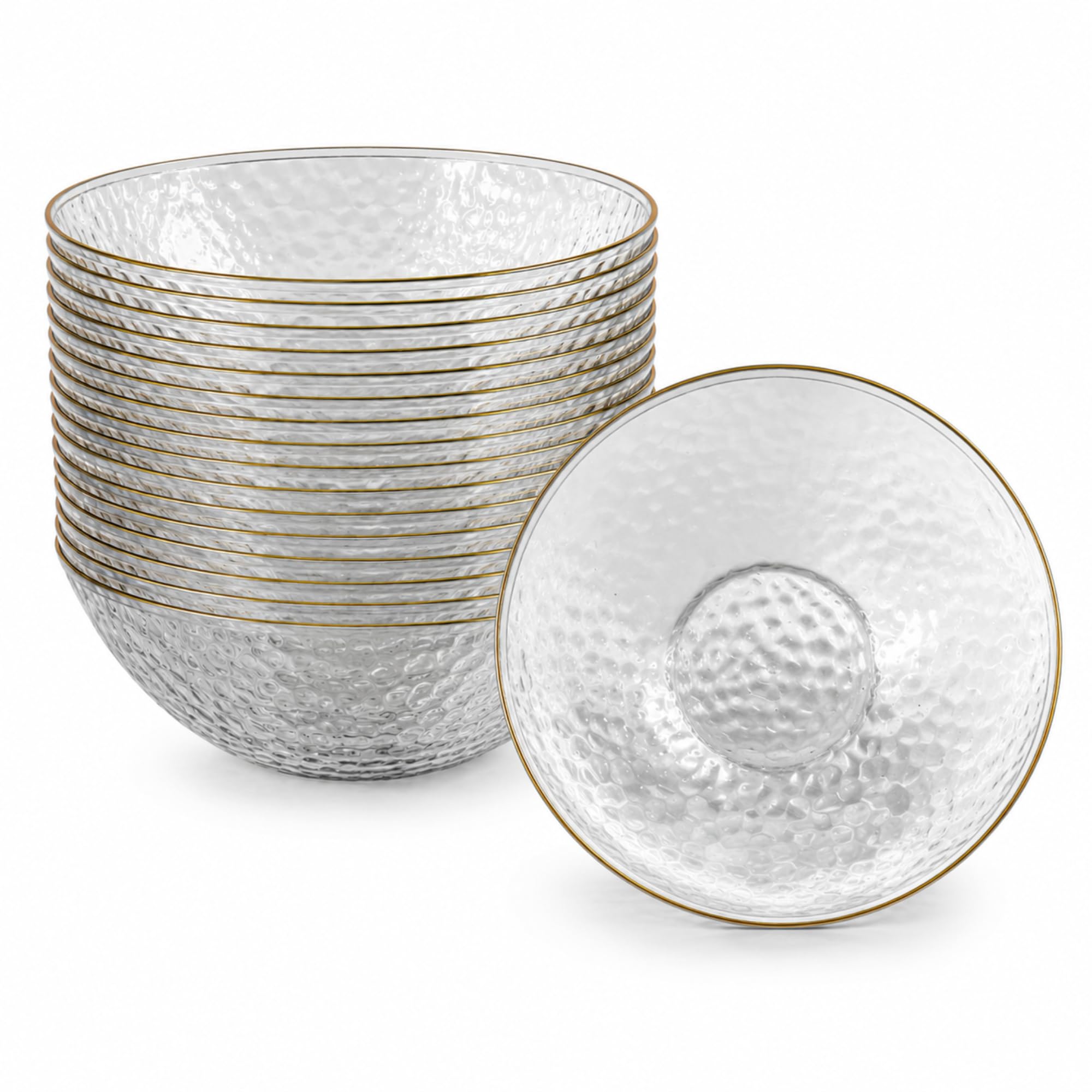 Playlearn Luxia 20Pcs Clear Reusable Plastic Serving Bowl Featuring Hammered Texture and Gold Rim, Plastic Bowl for Salad, Fruit, Popcorn, Chips, Dips and Party Entertaining — image 1