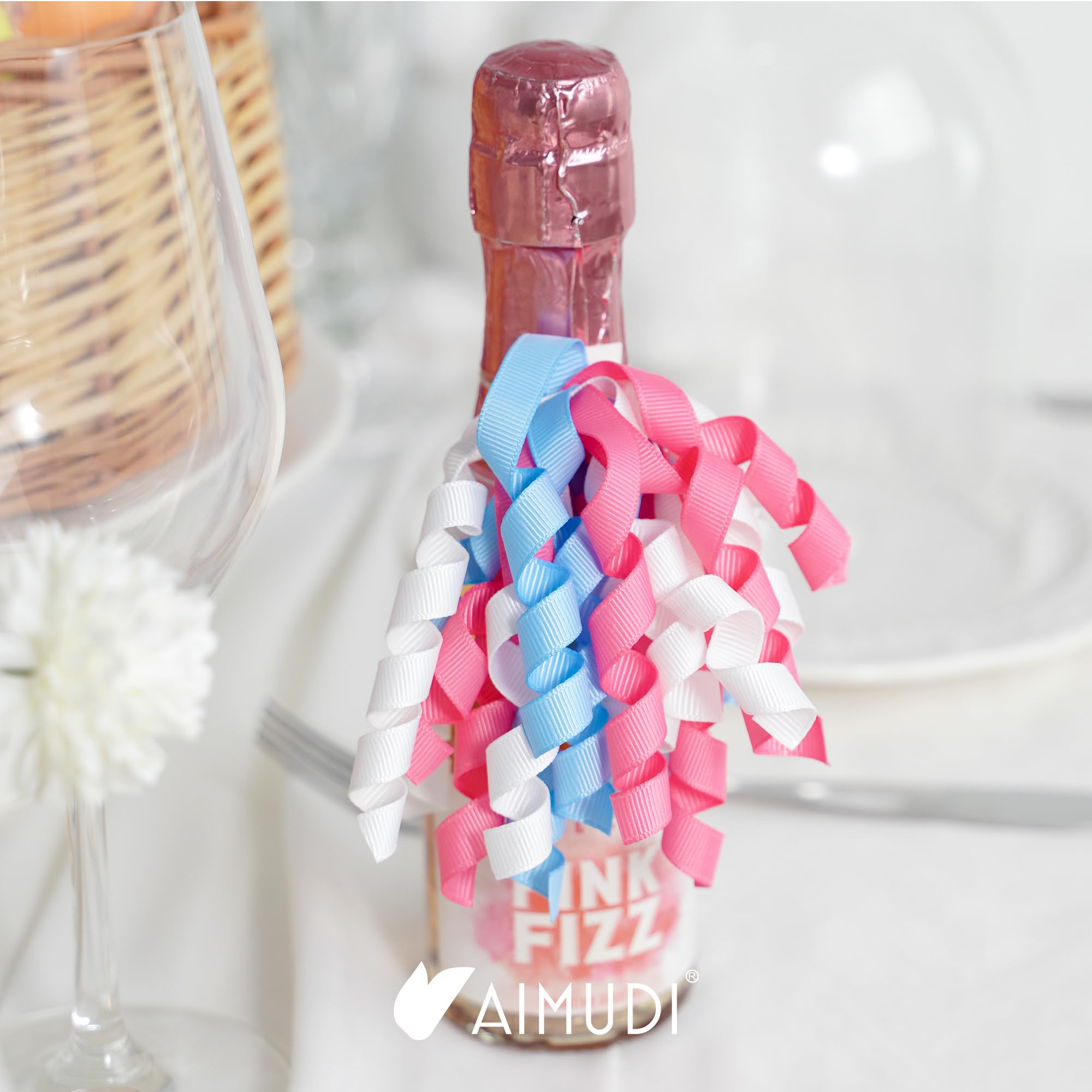 AIMUDI Różowe i niebieskie kręcone kokardki, 10 cm, ujawnienie płci, kokardki prezentowe, samoprzylepne, kokardki na baby shower, do pakowania prezentów, wstążka rypsowa, kokardki do torebek na