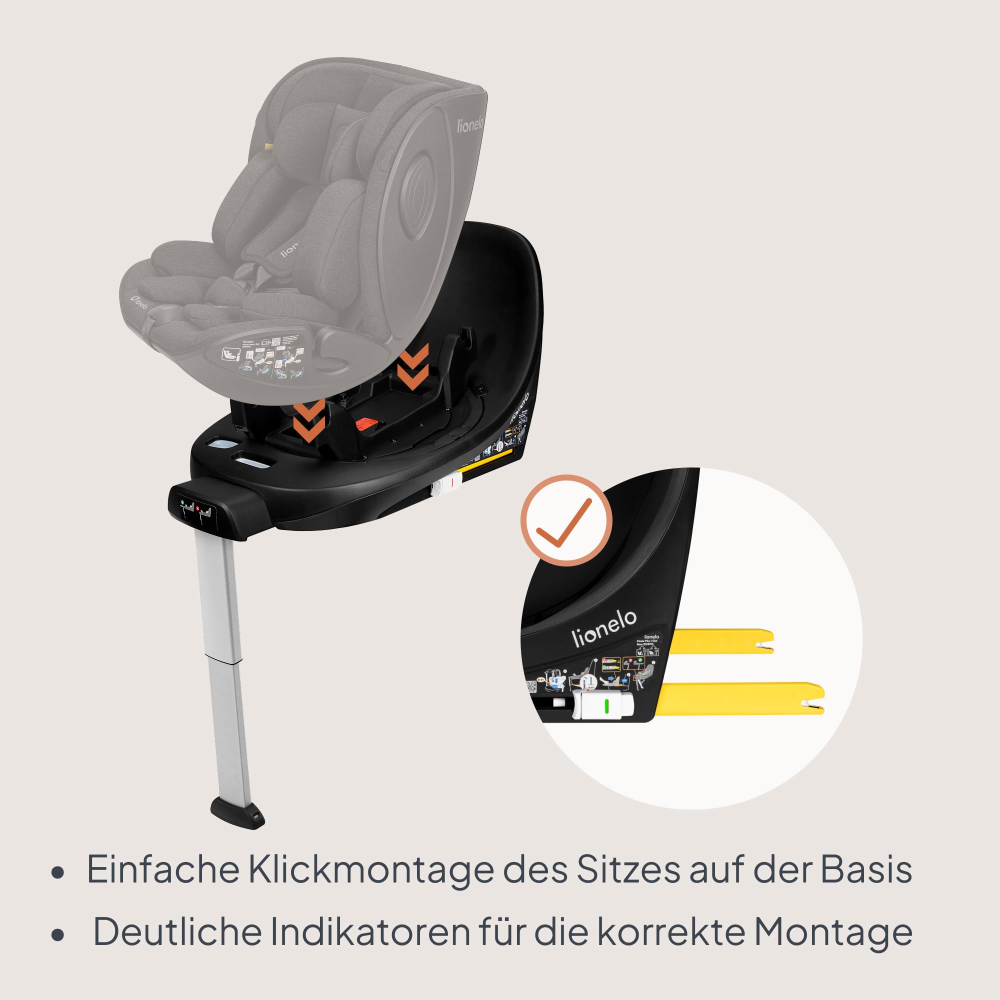 Lionelo Moxie Plus i-Size Base ISOFIX Mit Stützfuß, 360° Drehbar Easy Turn, Für Moxie i-Size & Moxie Next Kindersitze, Einhand Rotation, Installationsindikator, ECE R129