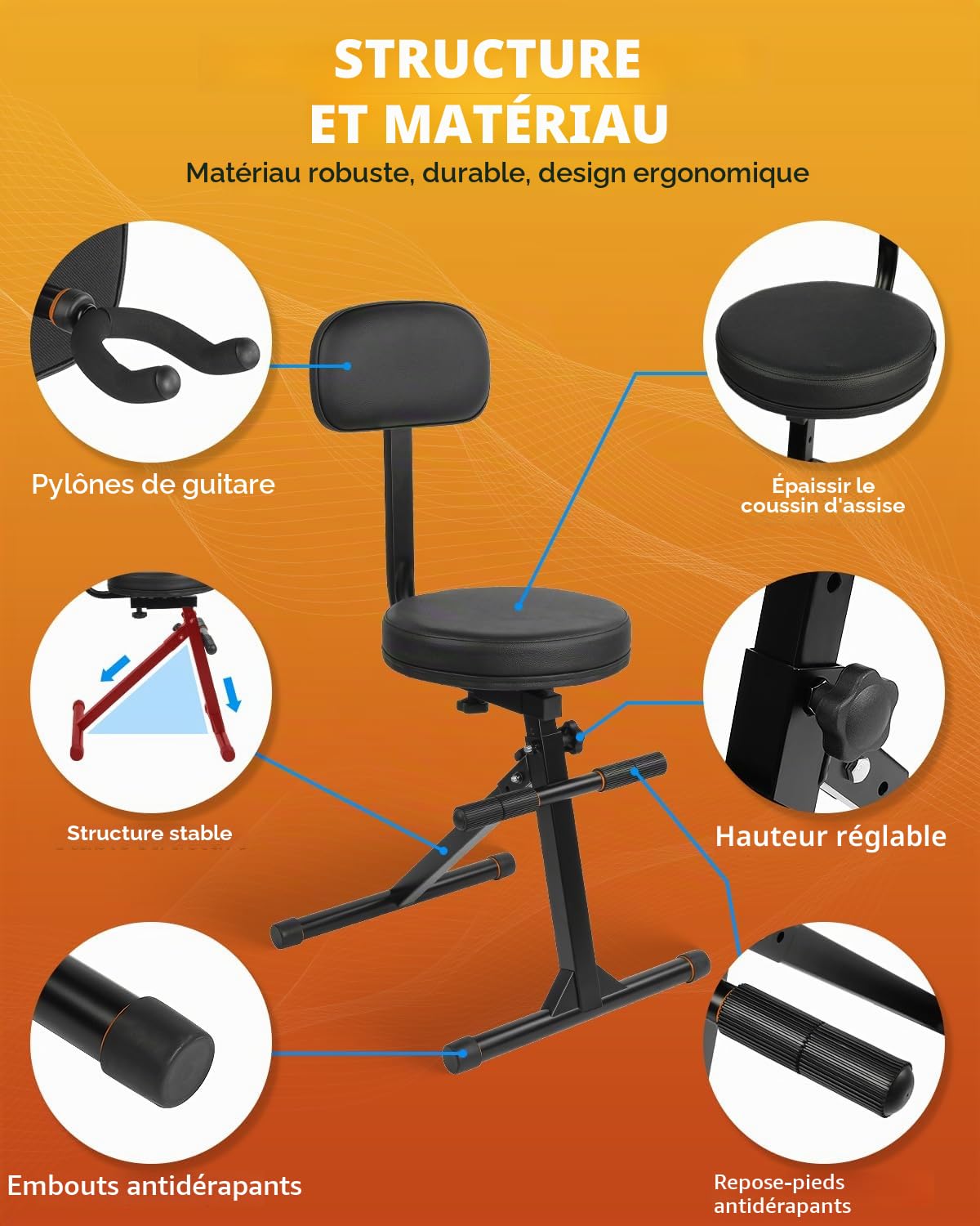 STRICH SGT-30 Tabouret de guitare avec dossier et coussin d'assise réglable en hauteur avec crochet pour guitares acoustiques, électriques et basses, trône de batterie pour adultes, batteurs et