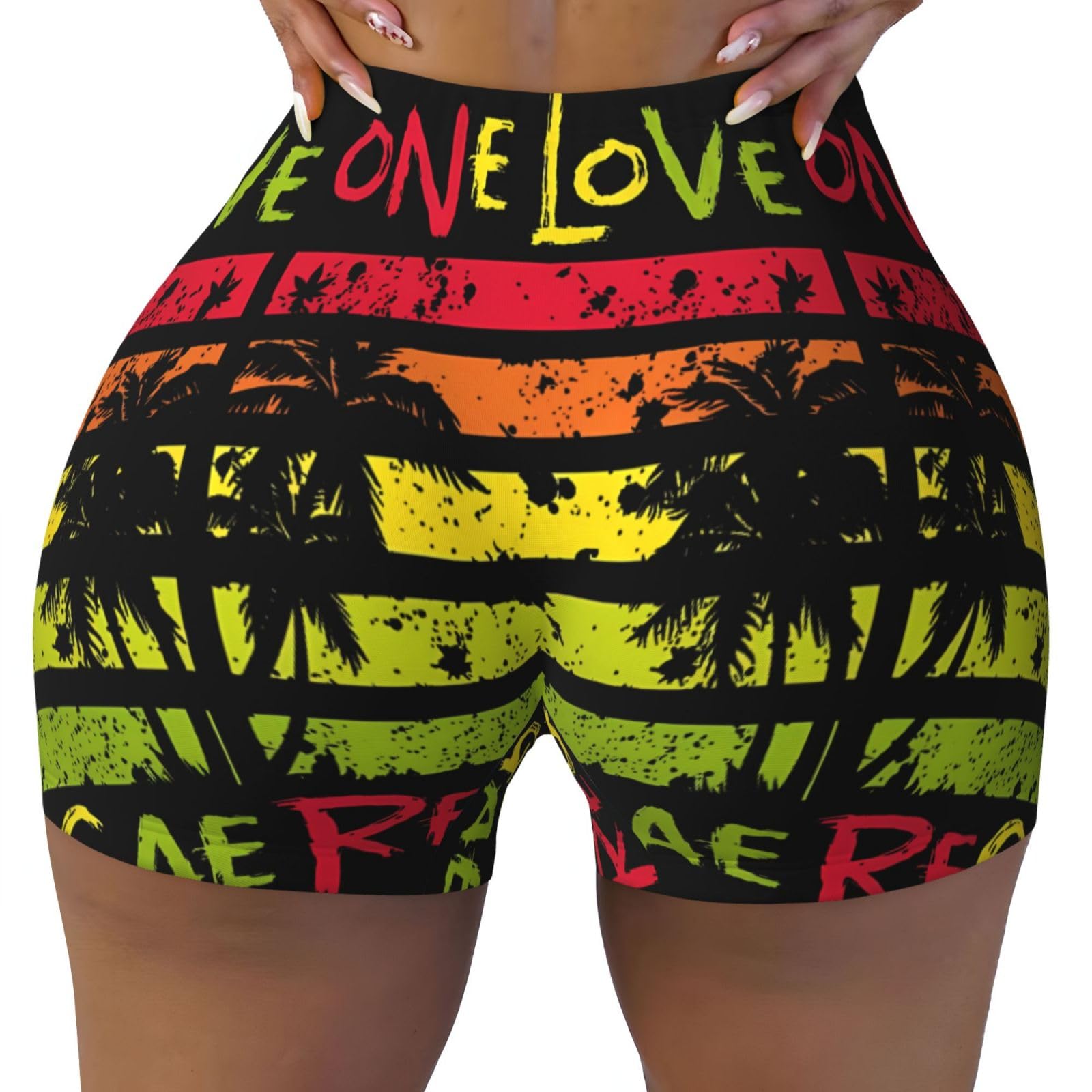 Smazdfxx Women's Style 6 One Loves Jamaican Rasta Reggae Workout Shorts Yoga Shorts Elastic Athletic Short Fitness Pants With Pockets