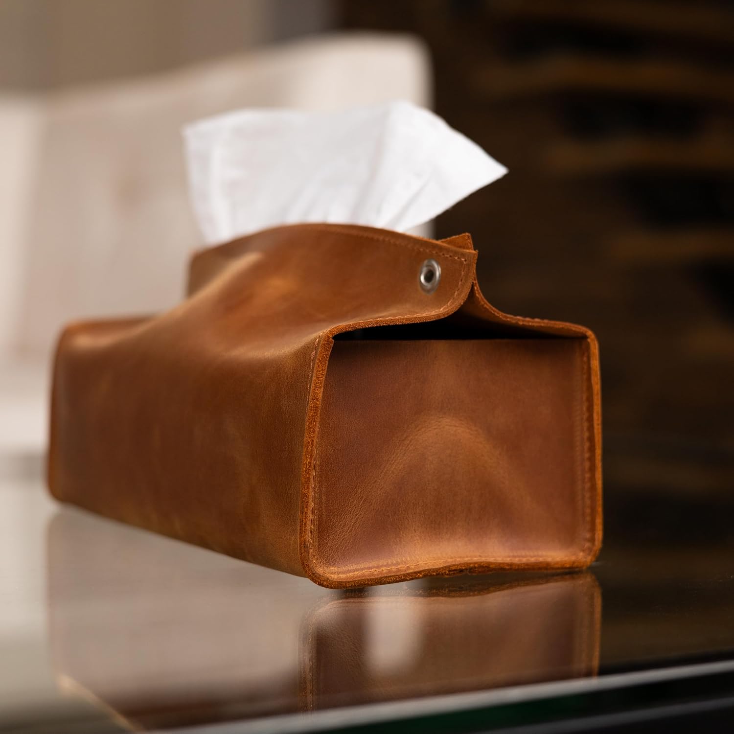 Leather Tissue Box Cover - Genuine Leather Tissue Holder for Standard Rectangular Boxes, Decorative Tissue Case with Snap Closure, Tissue Box Organizer for Home Office Car, Warm Brown