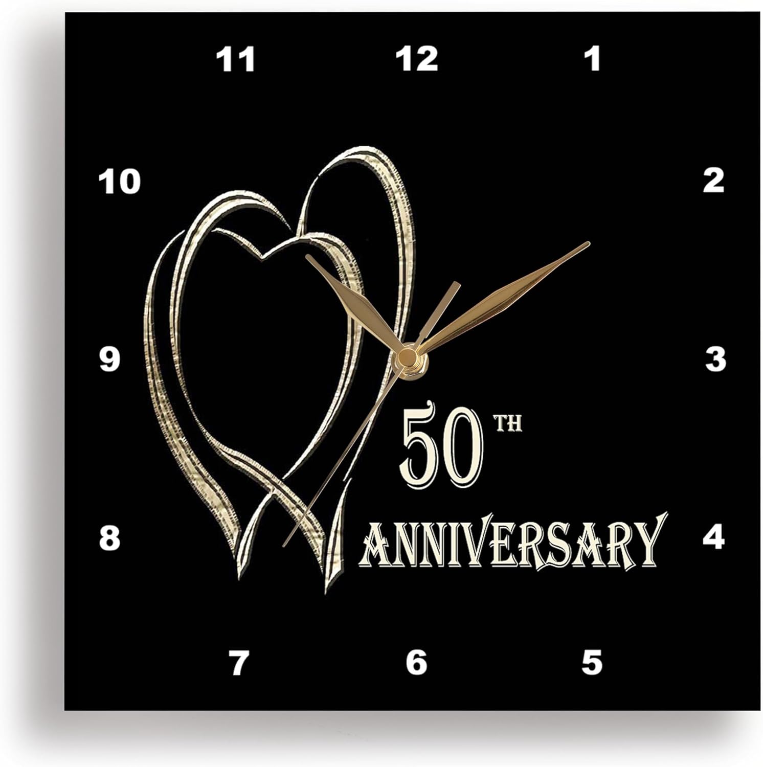 3dRose Wall Clock Silent - 13 inch - Two Gold Hearts 50th Anniversary - Anniversary Design