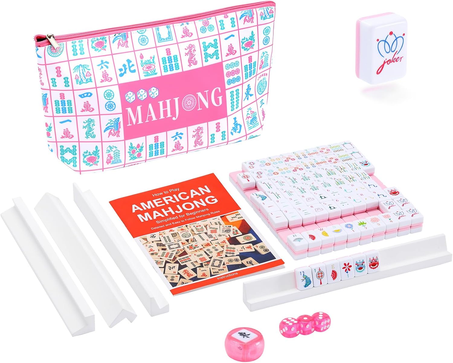 Mini 160 Pink Engraved American Mahjong Tiles Set with Carrying Bag and 4 Racks & Accessories, 0.94’’ Travel Mahjong Tile Set