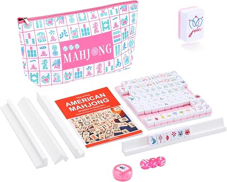 Mini 160 Pink Engraved American Mahjong Tiles Set with Carrying Bag and 4 Racks & Accessories, 0.94 Travel Mahjong Tile Set