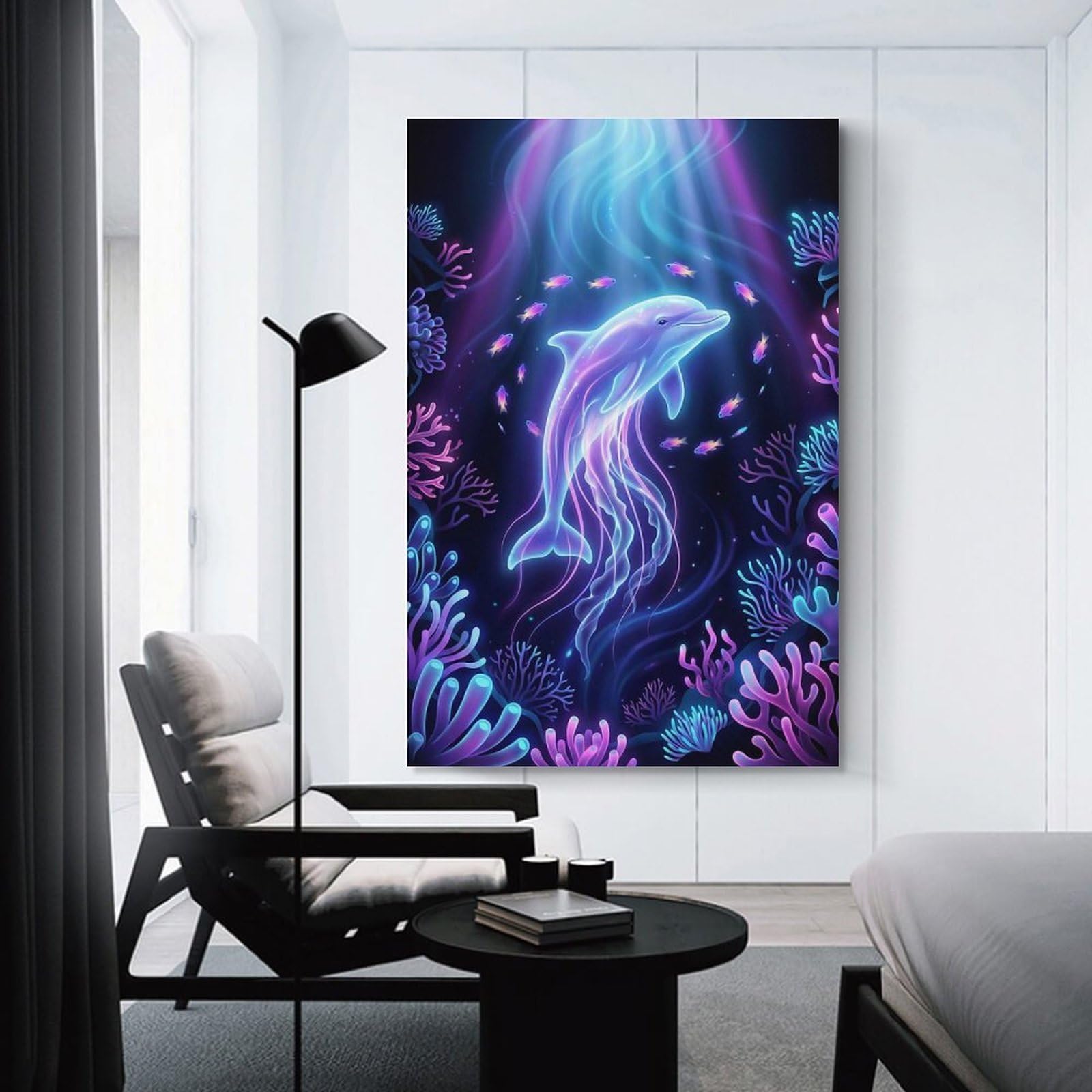 Junmoney Bioluminescent Dolphin in Coral Reef Wall Picture Print, 24x36inch(60x90cm), for New Home Styling, Lounge Or Bedroom, Home Artwork for Modern Interiors