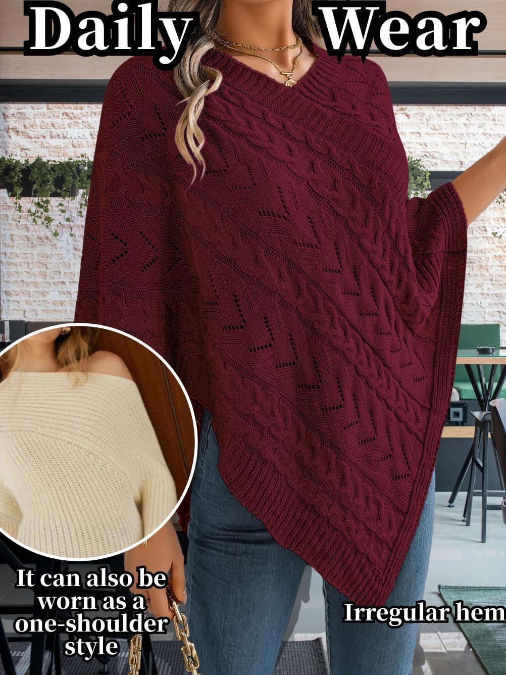 Women Knit Poncho Sweater, Irregular Hallow Out Cape Top Casual Fashion, Lightweight Knitted Shawl Wraps Fall Winter - Image 7