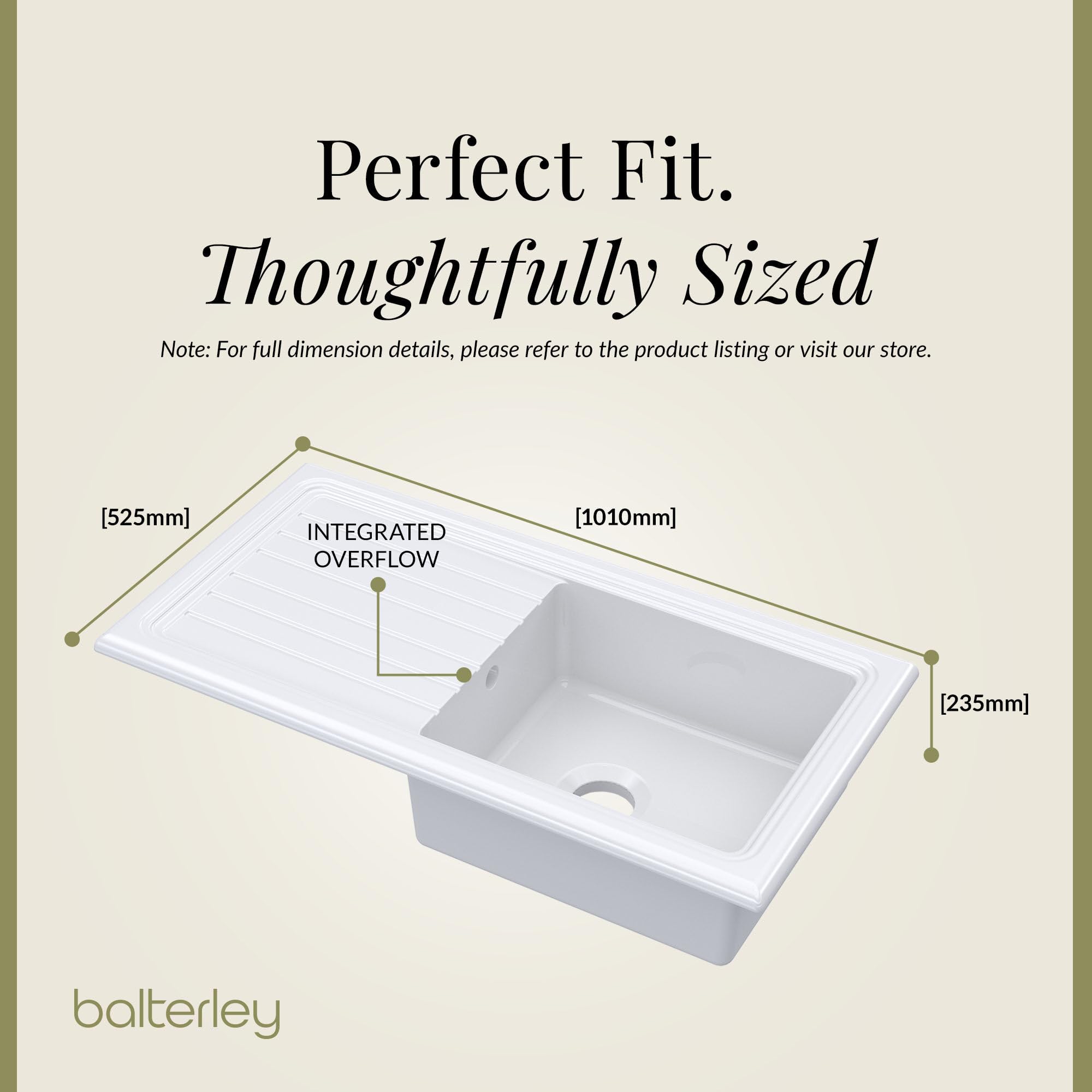 Balterley Fregadero de cocina de cerámica con escurridor y agujero de desbordamiento, cuenco de 101 cm, fregadero de cocina blanco de arcilla refractaria, fregadero de cerámica reversible de un solo