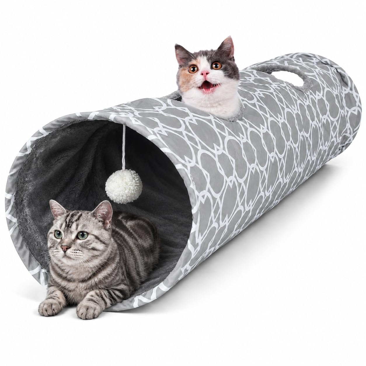 Túnel geométrico para gatos con felpa en el interior, juguetes para gatos, tubo de túnel plegable con bolas, para conejos, gatitos, hurones, cachorros y perros (gris-blanco-XL)