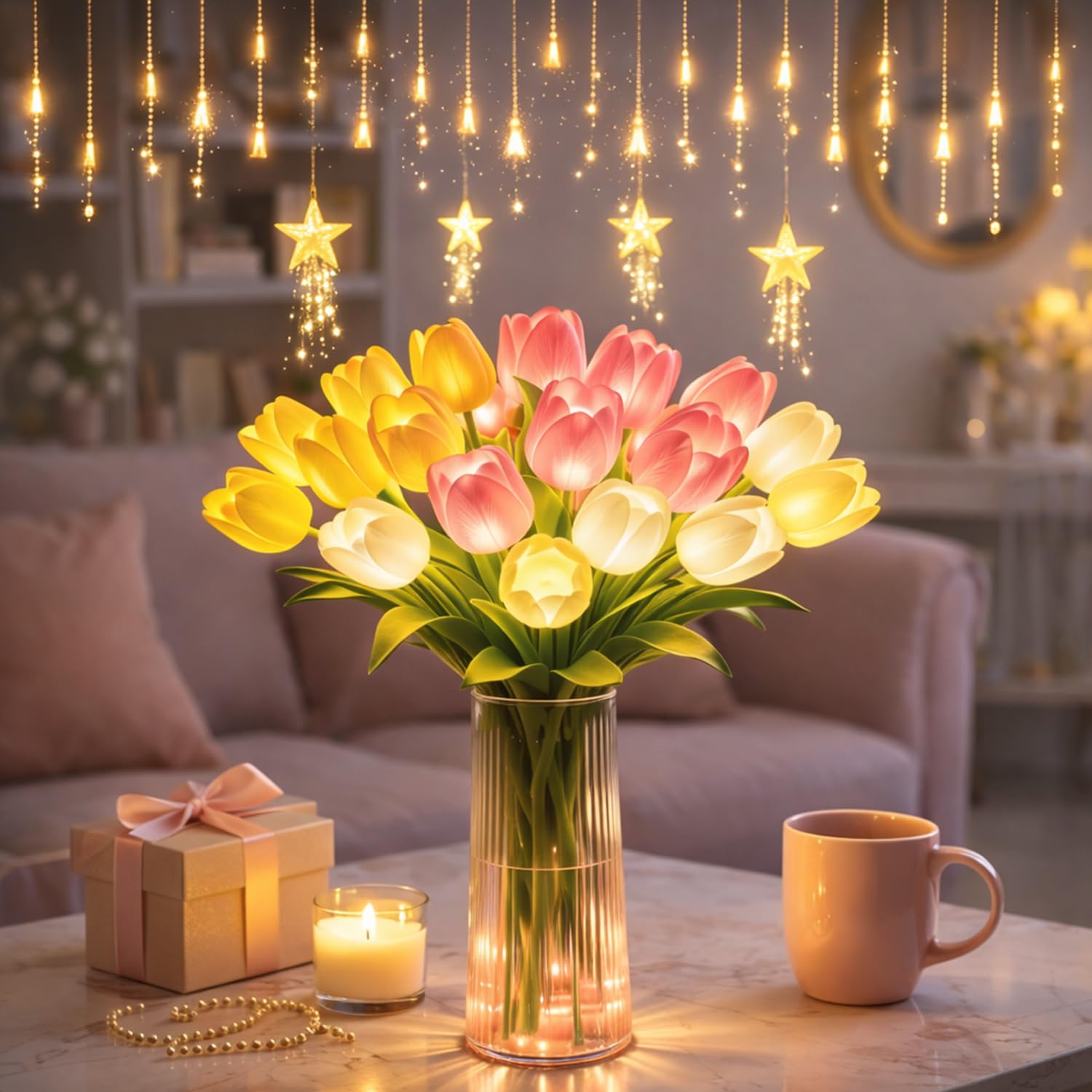 15PCS Radiant Romantic Tulip Light with a Vase, Flickering LED Artificial Flowers in a GlassVase, Never Fade Floral Lamp for Bedroom Living Room Decor, Mother’s Day Gift (Mix,Without vase)