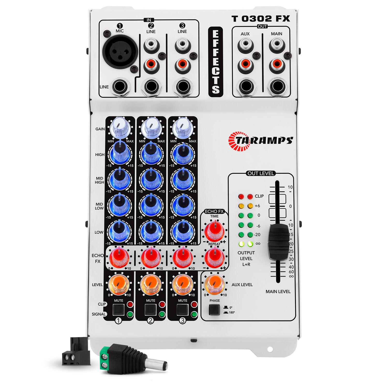 Taramps T 0302 FX Audio Mixer 3 Input Channels 4 EQ Controls Echo Effects Gain Low Mid Low, Mid High and Level, DJ Mixer High Performance Sound System (Colorful)