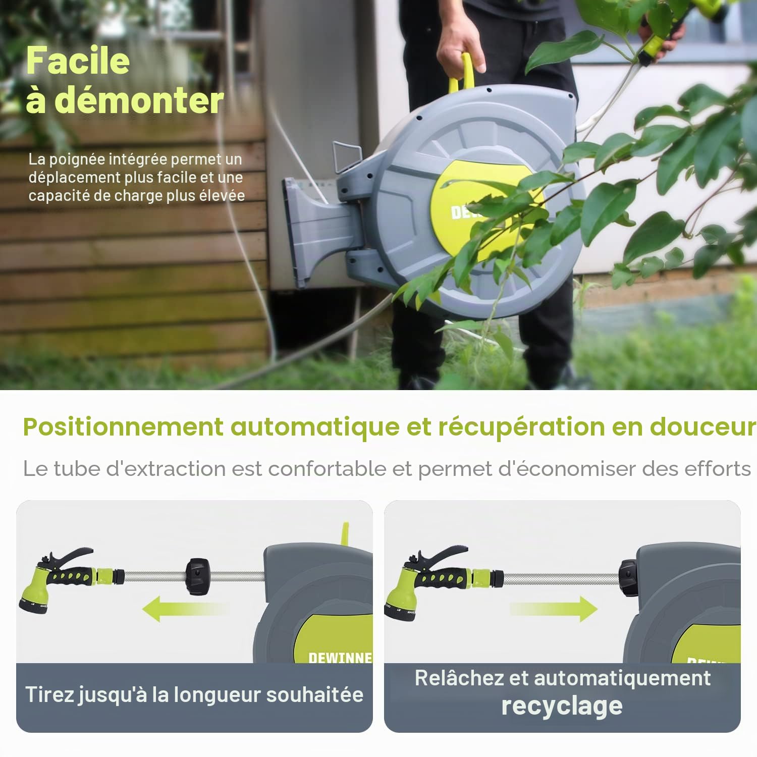 DEWINNER Enrouleur Tuyau Arrosage Mural, 20 +2M Enrouleur Automatique Mural avec Buse de Pulvérisation, Support de Rembobinage Automatique, Tuyau Arrosage Avec Enrouleur, Arrosage Extérieur de Tuyau