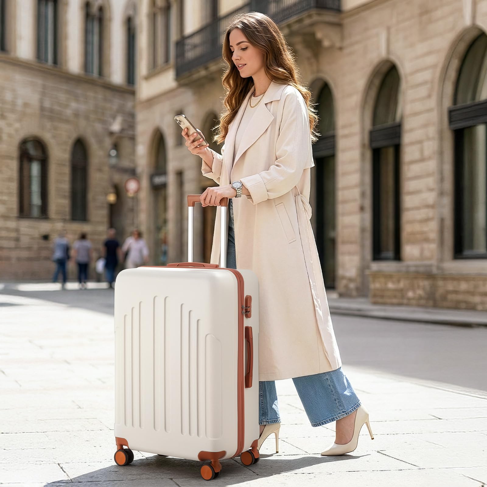 LEADZM Maletas de Viaje Grandes 23 Kilos, Maleta Grande Rígida en ABS Ligero (Beige-Marrón, XL/75CM)