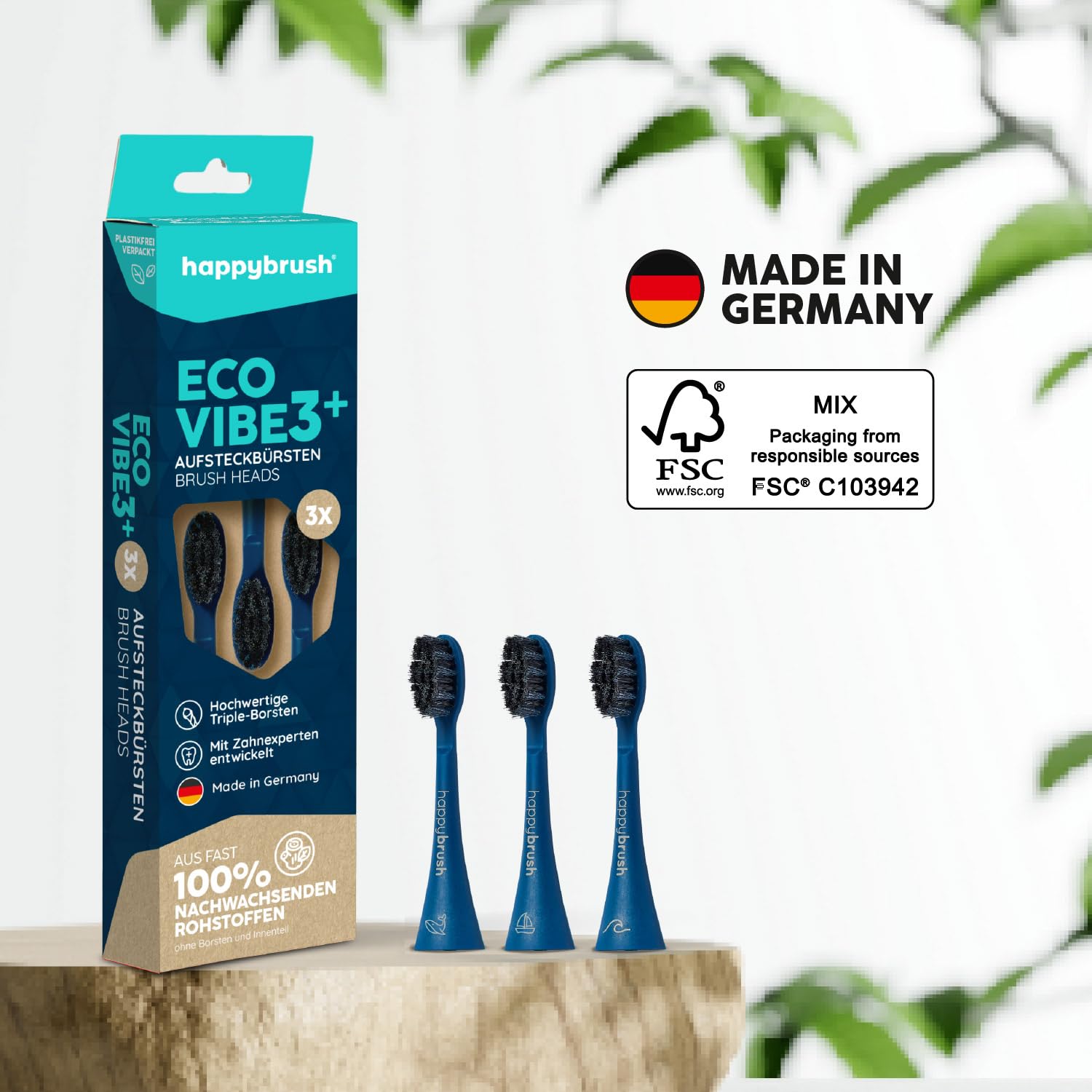 happybrush Aufsteckbürsten 9 Stück für elektrische Schallzahnbürste VIBE 3 | Wechselköpfe mit Icons zur Unterscheidung | Original Ersatzbürsten mit abgerundeten Borsten(Blau/Ocean)