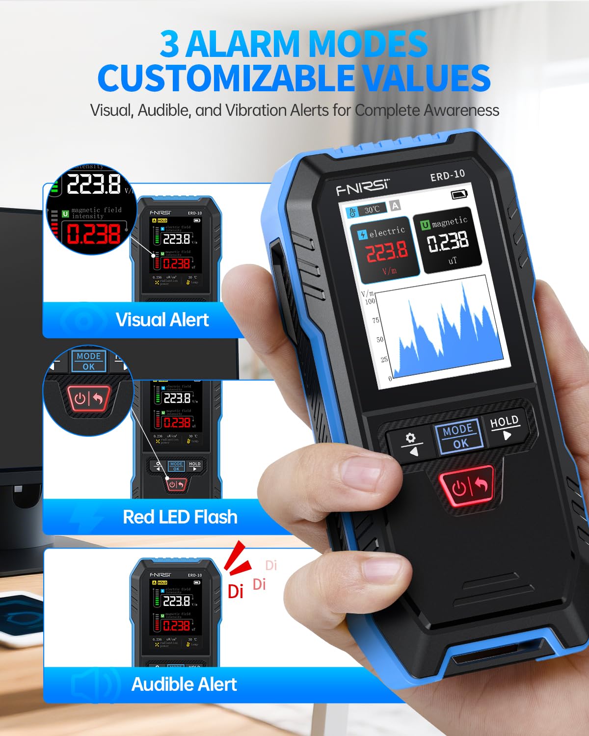 FNIRSI ERD-10 Rilevatore EMF, 4 in 1, misuratore di radiazioni EMF con modalità curva, lettore EMF ricaricabile, rilevatore di radiofrequenza per casa, ufficio, caccia ai fantasmi