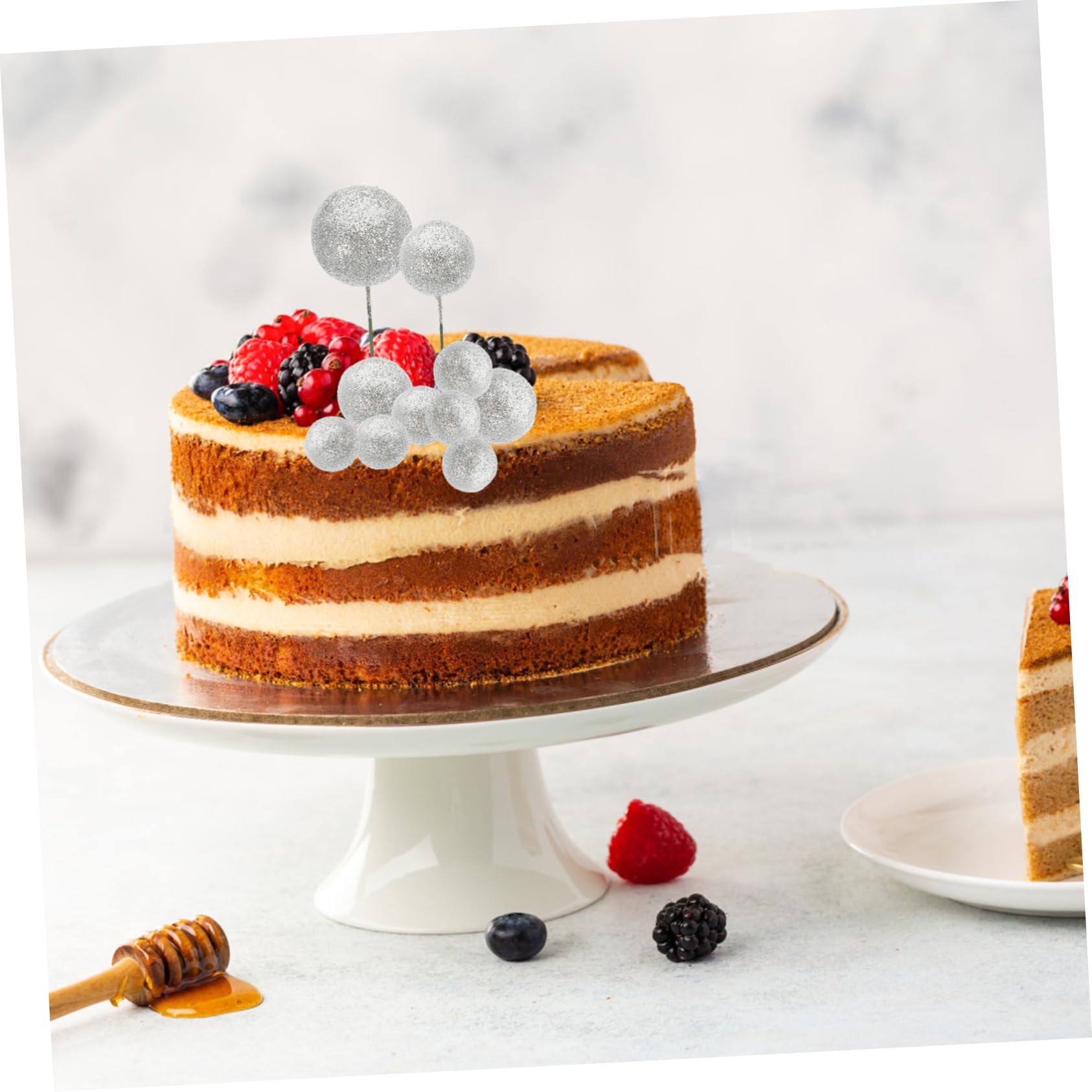 VOSAREA Lot de 20 Boules de Gâteau en Mousse Argentées, Pics Décoratifs à Effet Scintillant, pour Gâteaux D’Anniversaire et Projets DIY