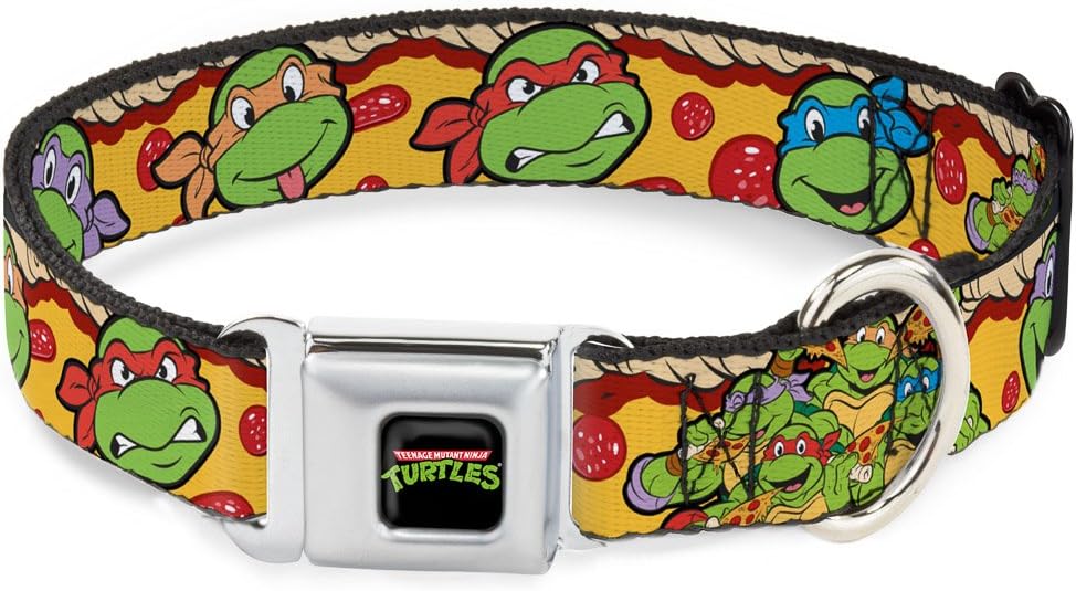 Dog Collar Seatbelt Buckle Ninja Turtles 4 Turtle Faces Pepperoni Pizza Turtles Pose16 18 to 32 Inches 1.5 Inch Wide
