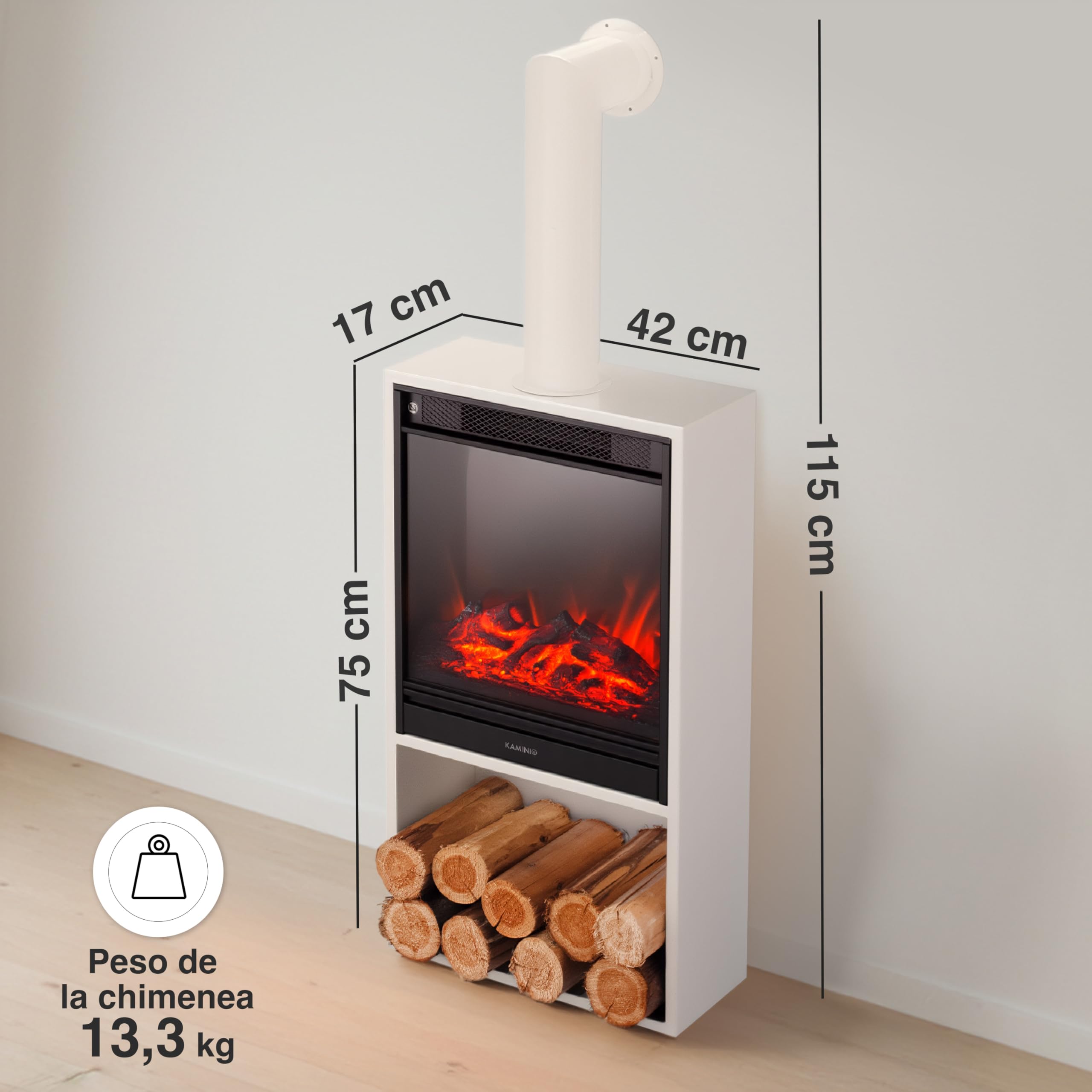 KAMINIO Chimenea eléctrica Hugo con Tubo de Chimenea - Estufa de Chimenea con calefacción, Efecto Llama 3D, Luz Ambiental LED, Compartimento de Madera, Control Remoto (Blanco)