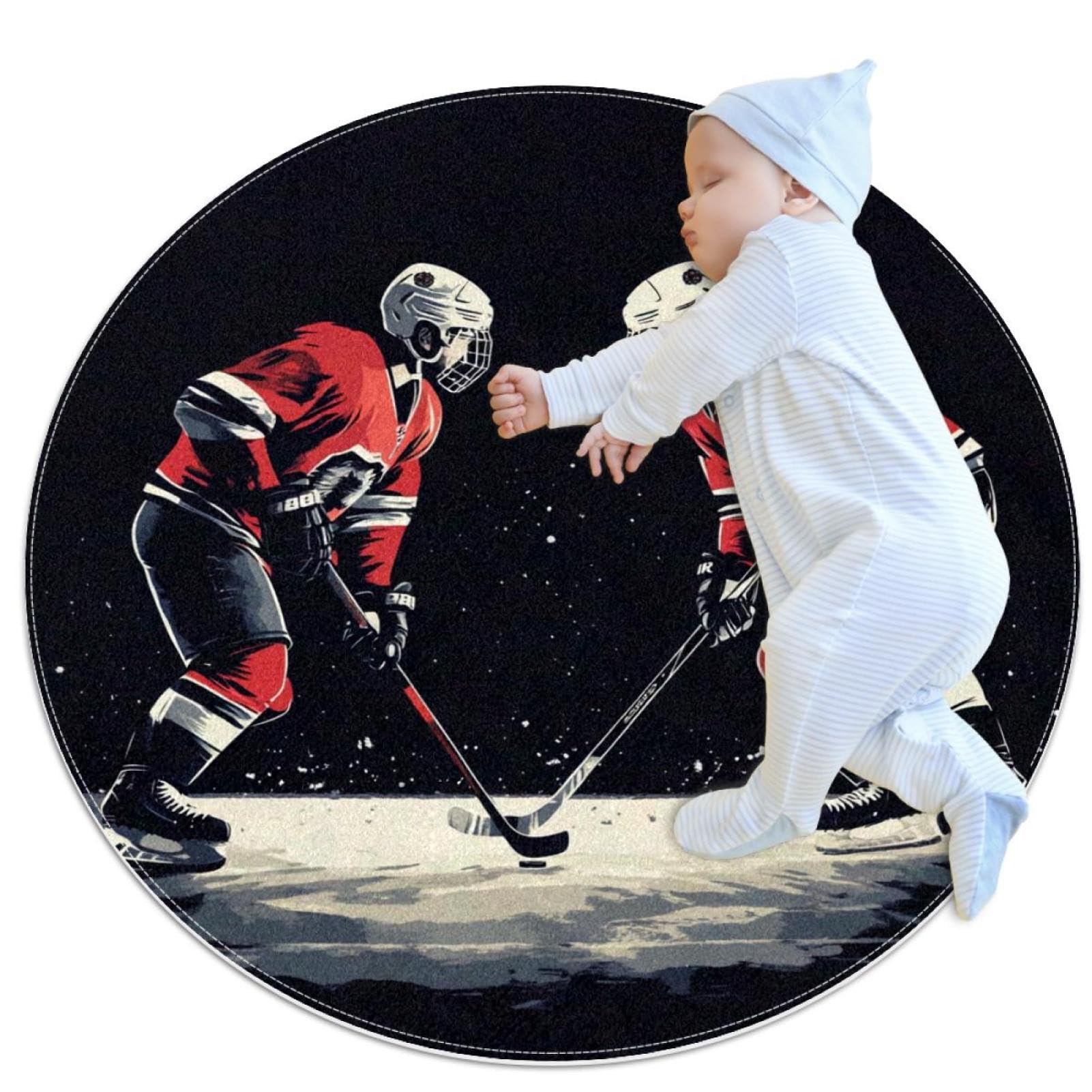 Tapis de salle de bain de 1m rond motif patinoire et joueurs de hockey