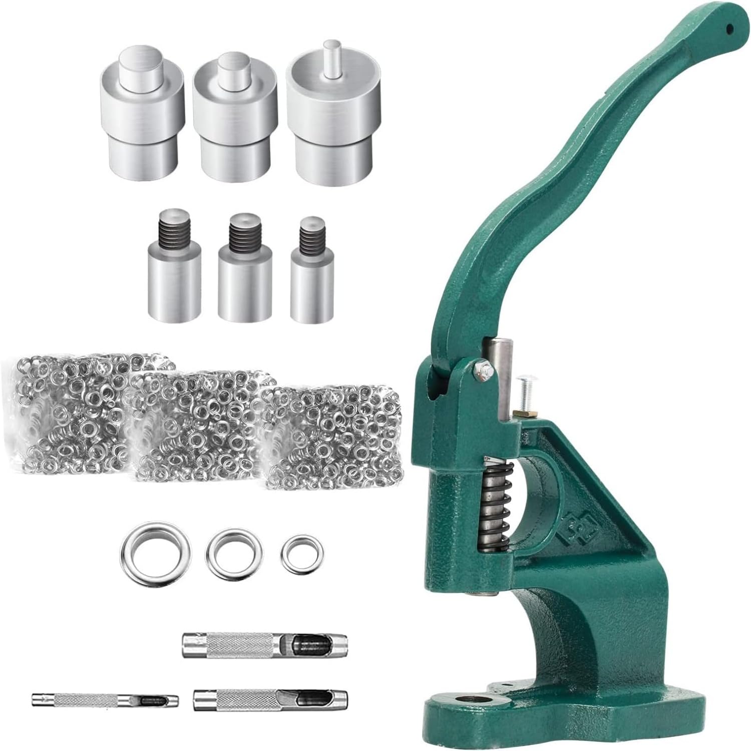 Zestaw pras do dziurkaczy, ręczna maszyna do prasowania oczka, prasa do nitów z 3 matrycami 6/10/12 mm i 1500 oczkami do nitów, DIY, rzemiosła, tekstylia, skóra, zasłony, markiza