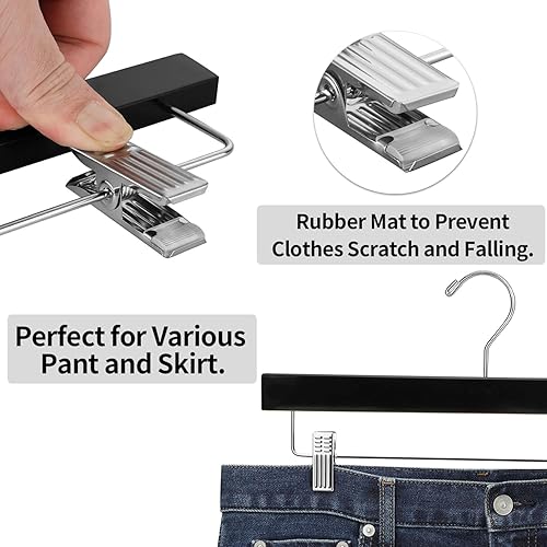 Miniatura 4 de AMKUFO 20 perchas de madera para pantalones, perchas sólidas para pantalones con clips ajustables de 14 pulgadas, perchas de madera negra para
