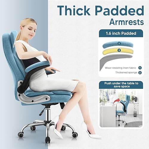 Miniatura 10 de YAMASORO Silla de oficina ejecutiva ergonómica respaldo alto sillas de escritorio para computadora con ruedas y brazos abatibles tela de lino azul