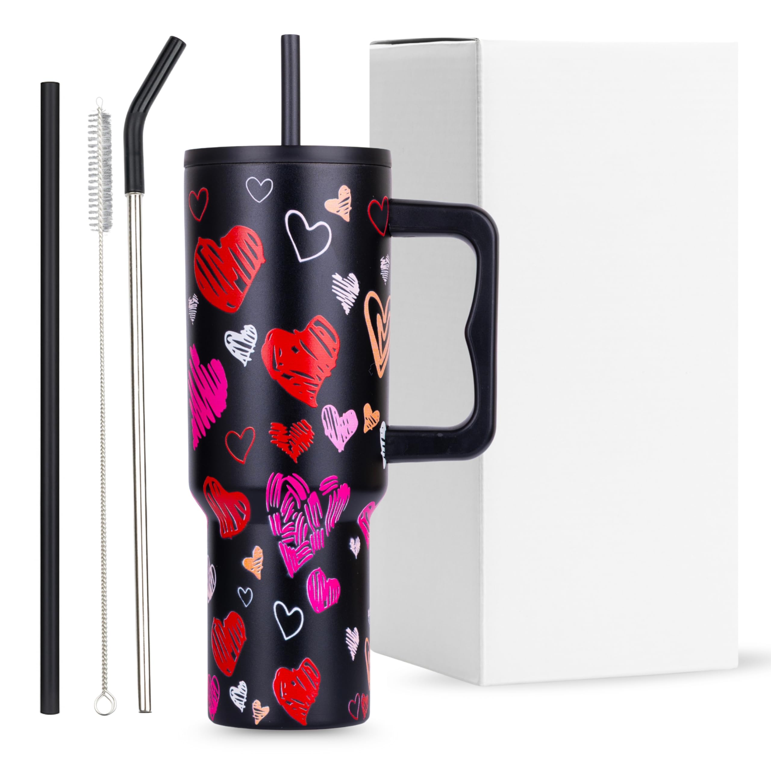 PEIPUS Stainless Steel Tumbler with Steel and Plastic Straw,1200ml Capacity Double Insulated Cup 100% Leak Proof Mug Cupholder for Gym, Travelling and Office (Black Heart)