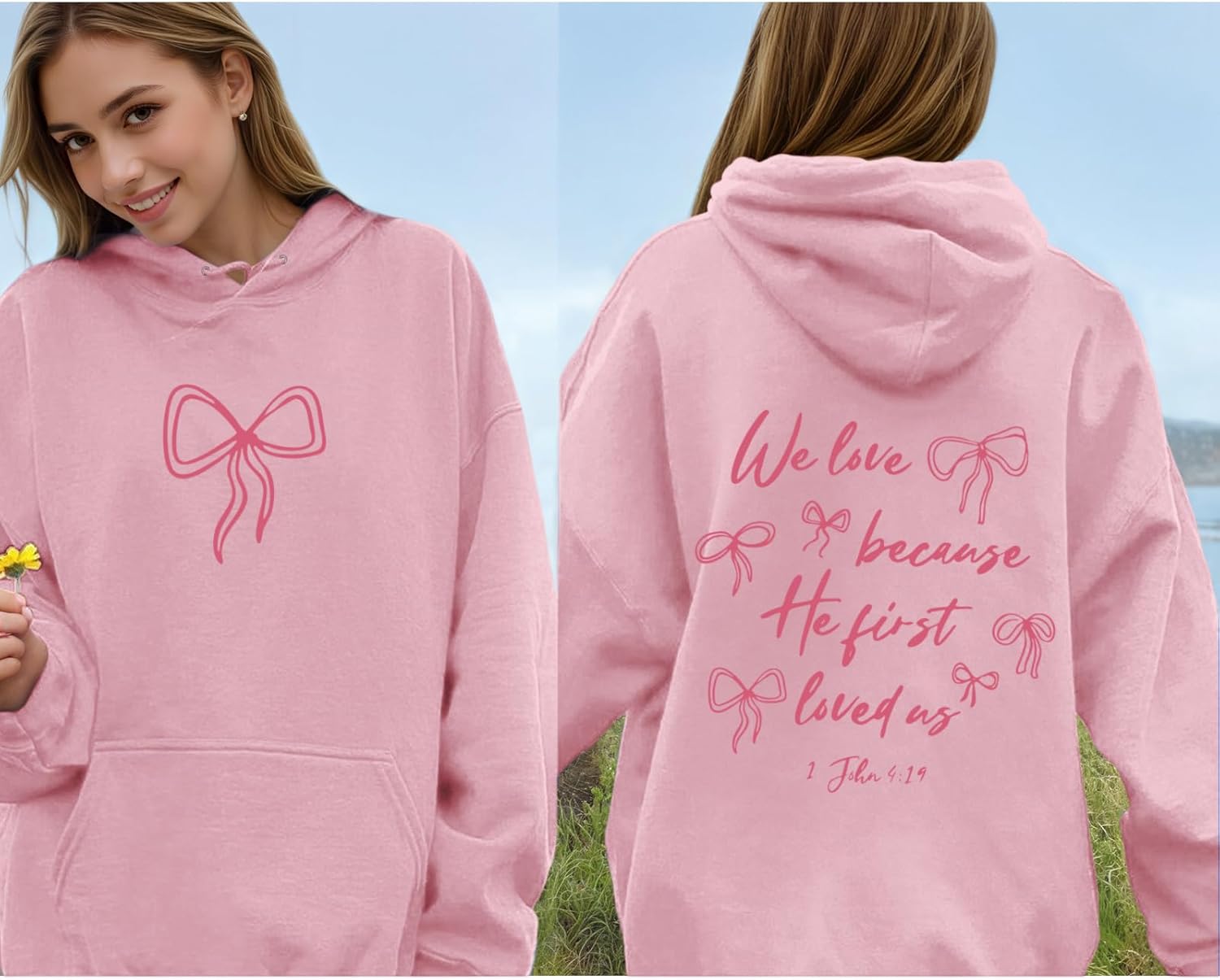 Christian Bow Hoodies for Women Cute Bow Print Sweatshirt Bible Verse Graphic Hoodie Religious Pullover Sweatshirts - Image 2