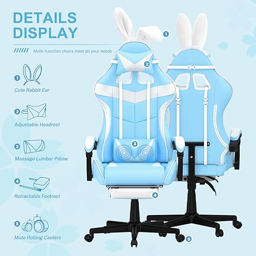 Miniatura 4 de Soontrans Silla de juegos azul claro con reposapiés, bonita silla de videojuegos de conejo, silla de escritorio Kawaii para nieta, hermana, novia,