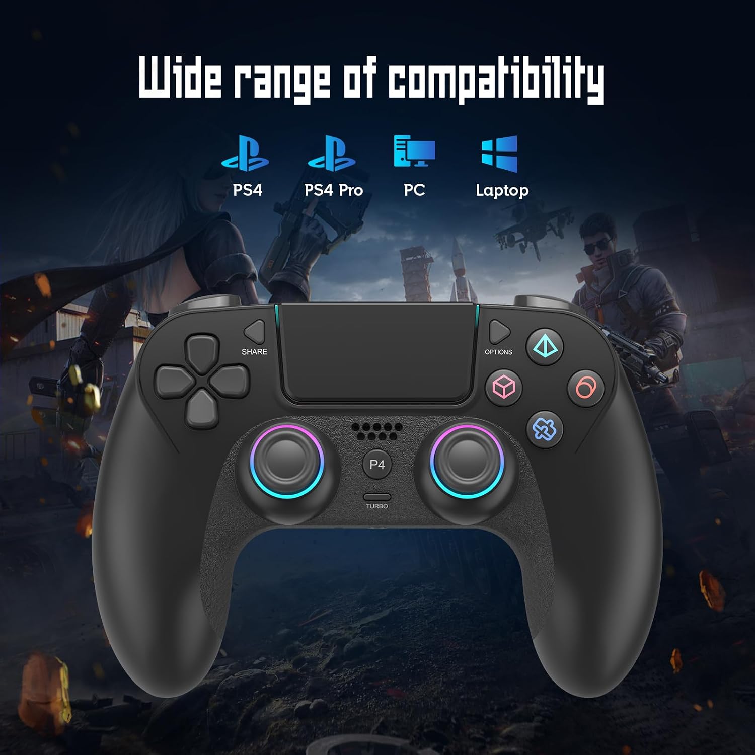 Compatibility image showing PS4, PS4 Pro, PC, and Laptop icons