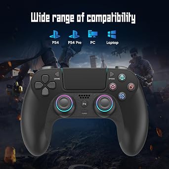 Wireless controller for PS-4, game controller compatible with PS-4/Pro/Slim/PC, dual vibration/6 axis gyro sensor, touch panel, RGB-LED/EXT/Audio jack, sensitivity and control