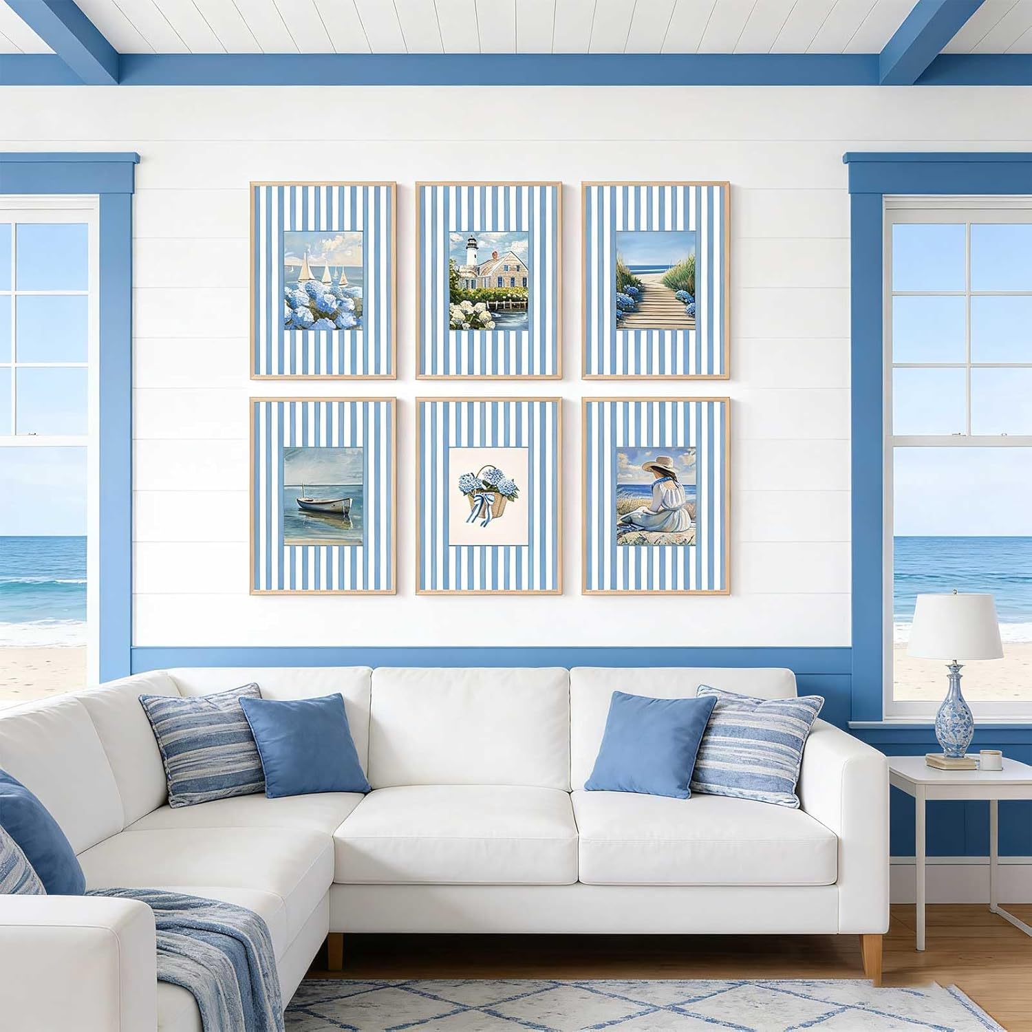 6Pcs Coastal Granddaughter Wall Art Prints Blue Stripe Hydrangea Beachy Wall Decor Pictures Summer Beach House Preppy Aesthetic Posters for Girly Bedroom Dorm Apartment Home Decoration (blue, 16"L x 12"W, Unframed)