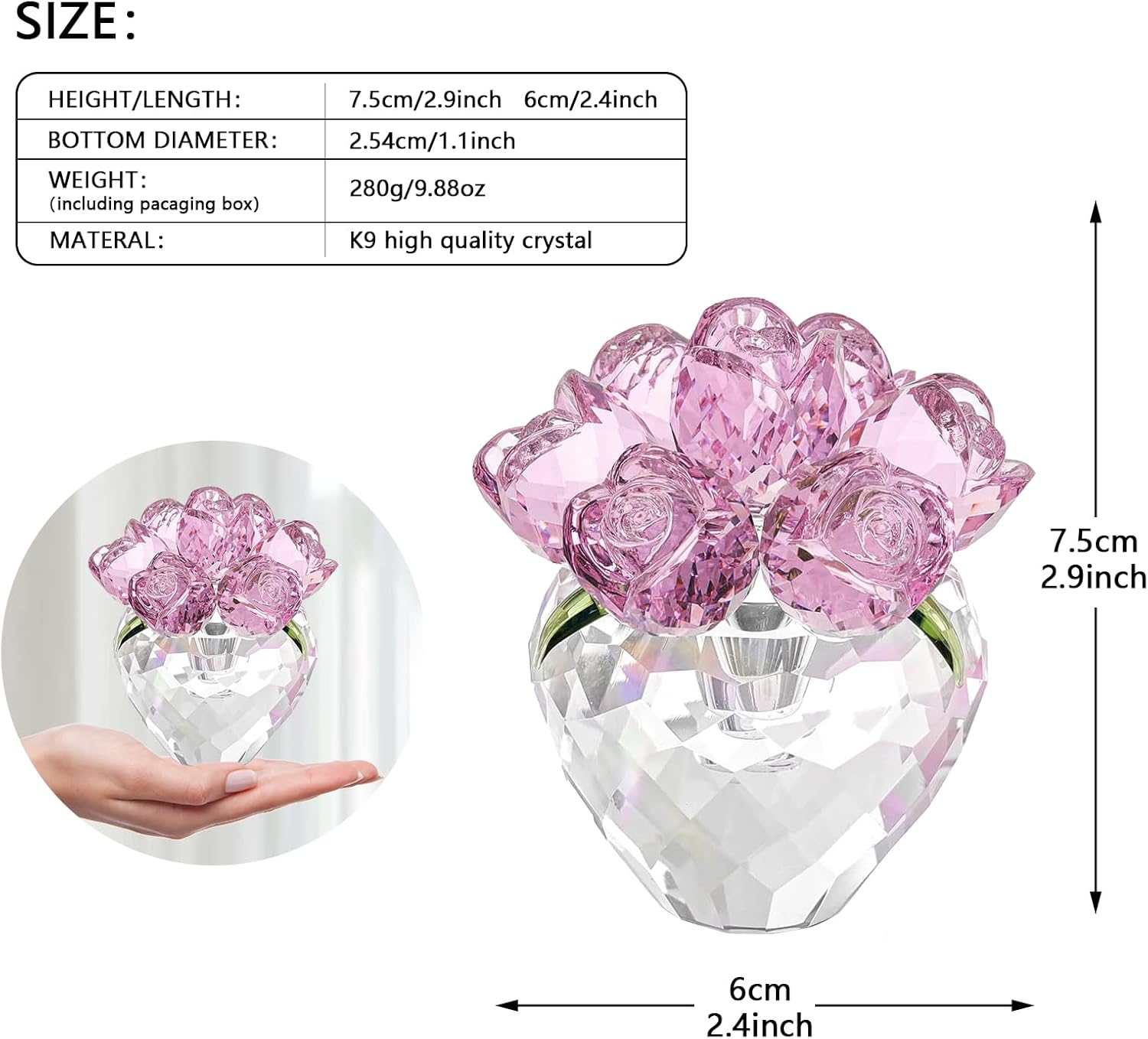 Crystal Pink Rose Figurine Ornament,Rose Flower Gifts for Wife Mom Girlfriend,Bouquet Glass Flowers Decor for Christmas Day Wedding Anniversary - Image 2
