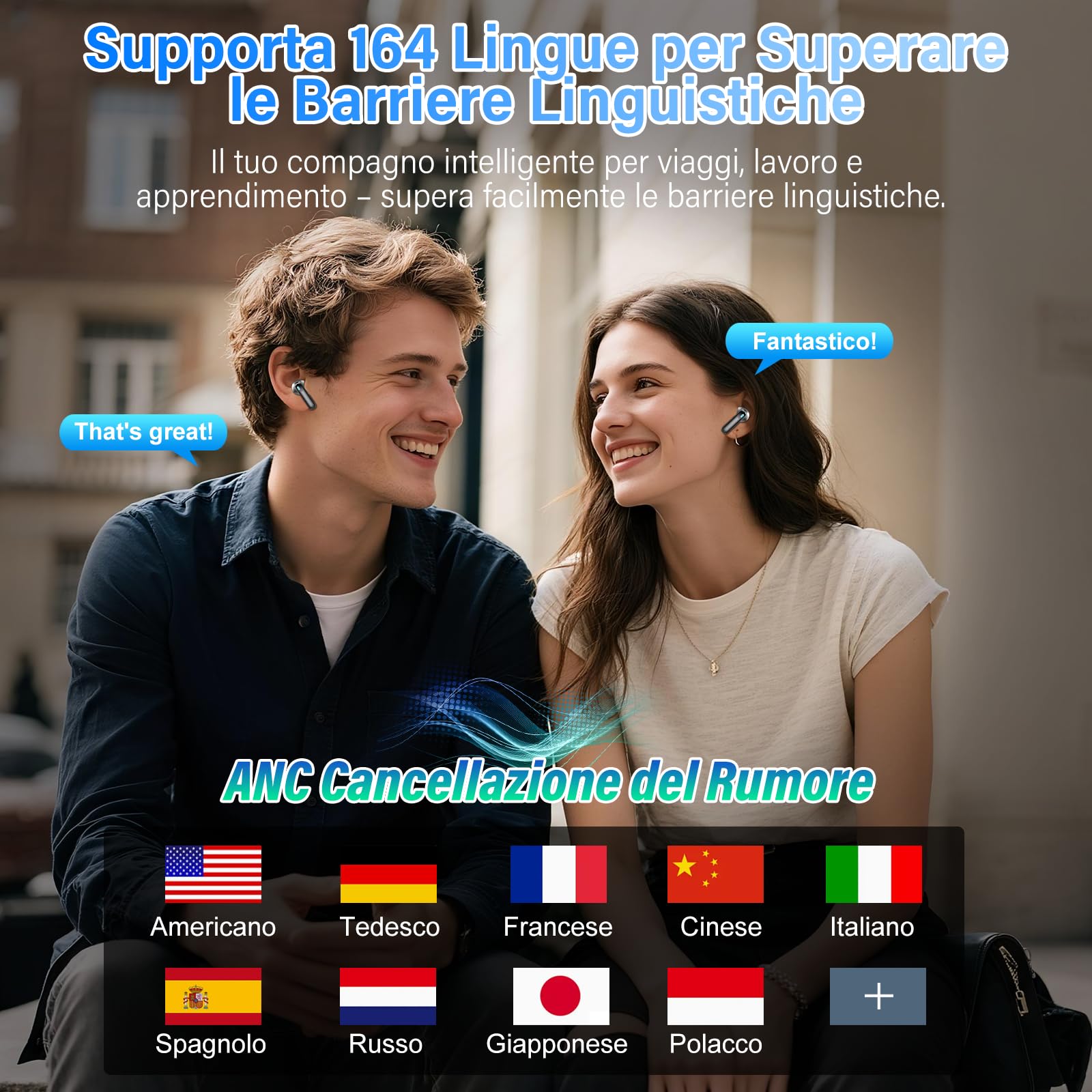 AI Cuffie Traduzione, 4-in-1 Auricolari Cuffiette, Traduttore Istantaneo Vocale in 164 Lingue, Cancellazione Rumore ANC/ENC, 7 Modalità Traduzione, Schermo Tattile LED, Musica/Chiamate/Traduttore