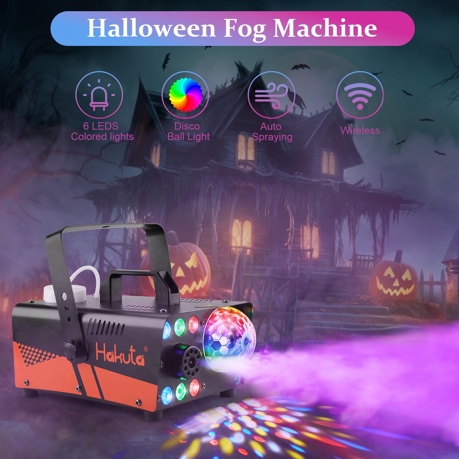 HAKUTA Máquina de Humo con bola de discoteca y luces LED RGB, 600 W Fog Machine, 2300 CFM Spray con función de pulverización automática,para Halloween, Navidad,boda,rendimiento de escenario y fiestas