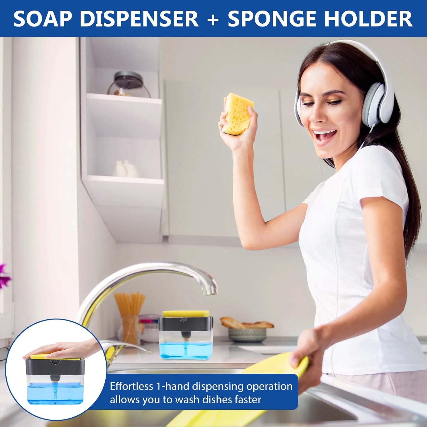 Aeakey Soap Dispenser,Dish Soap Dispenser for Kitchen,Sponge Holder Sink Dish Washing Soap Dispenser 13 Ounces