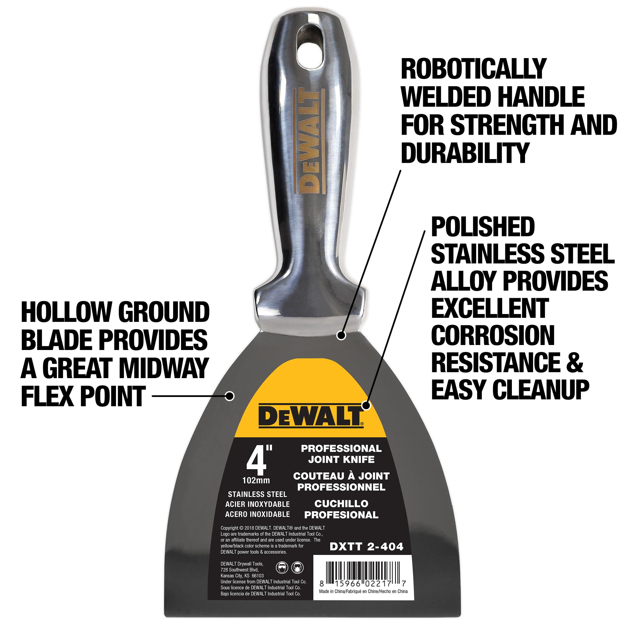 DEWALT Cuchillo para juntas de acero inoxidable de 4 pulgadas, hoja de masilla de metal pulido de una sola pieza | 2-404