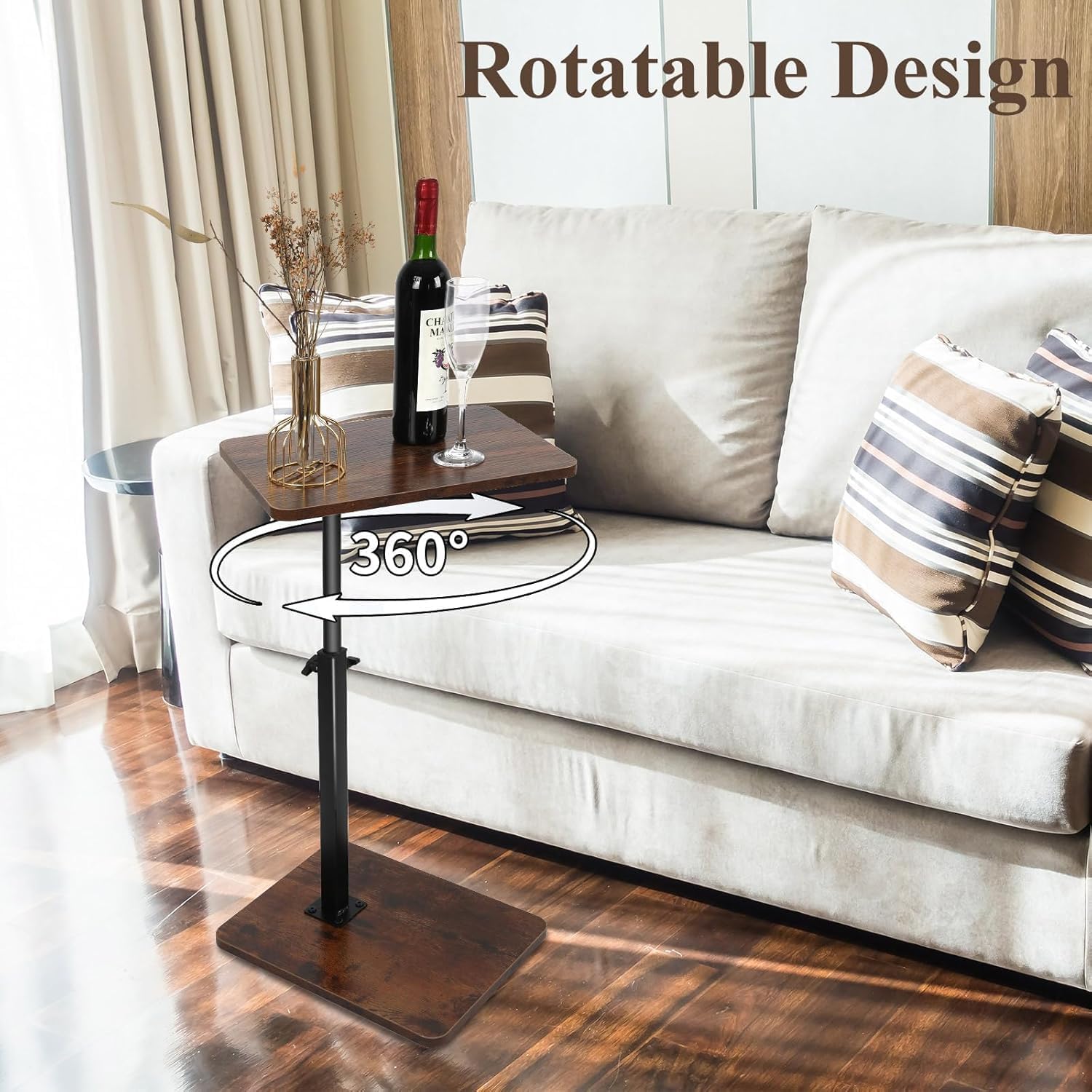 TV Tray Side Table for Sofa Armrest -360° Swivel & Adjustable Height Table, C Shaped End Side Table for Eating,Laptop or Small Spaces, Snack Trays for Sofa, Bed, Chair, Living Room